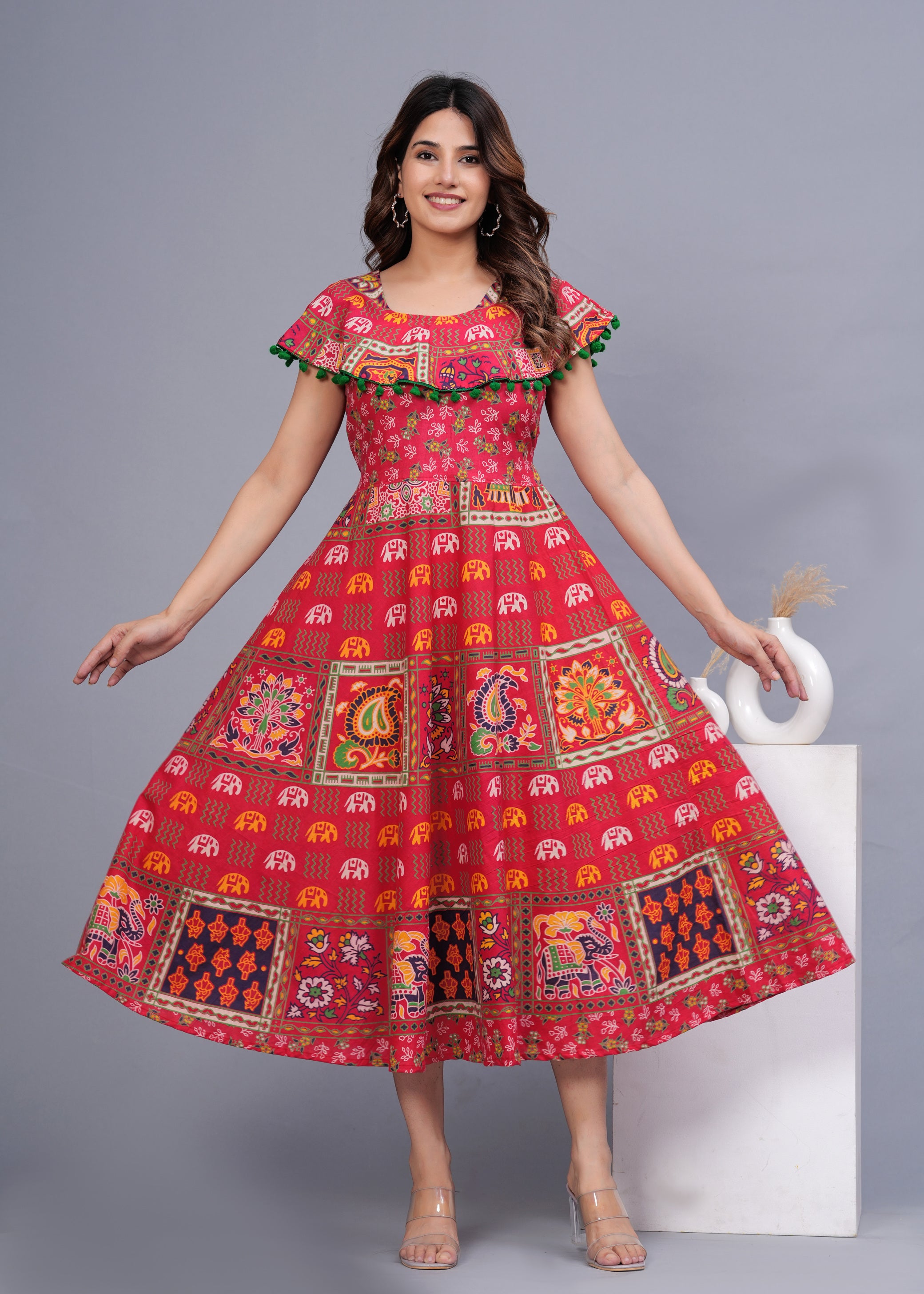 Women’s Red Ethnic Printed Midi Dress – Boho Flared Fit with Pom-Pom Detailing