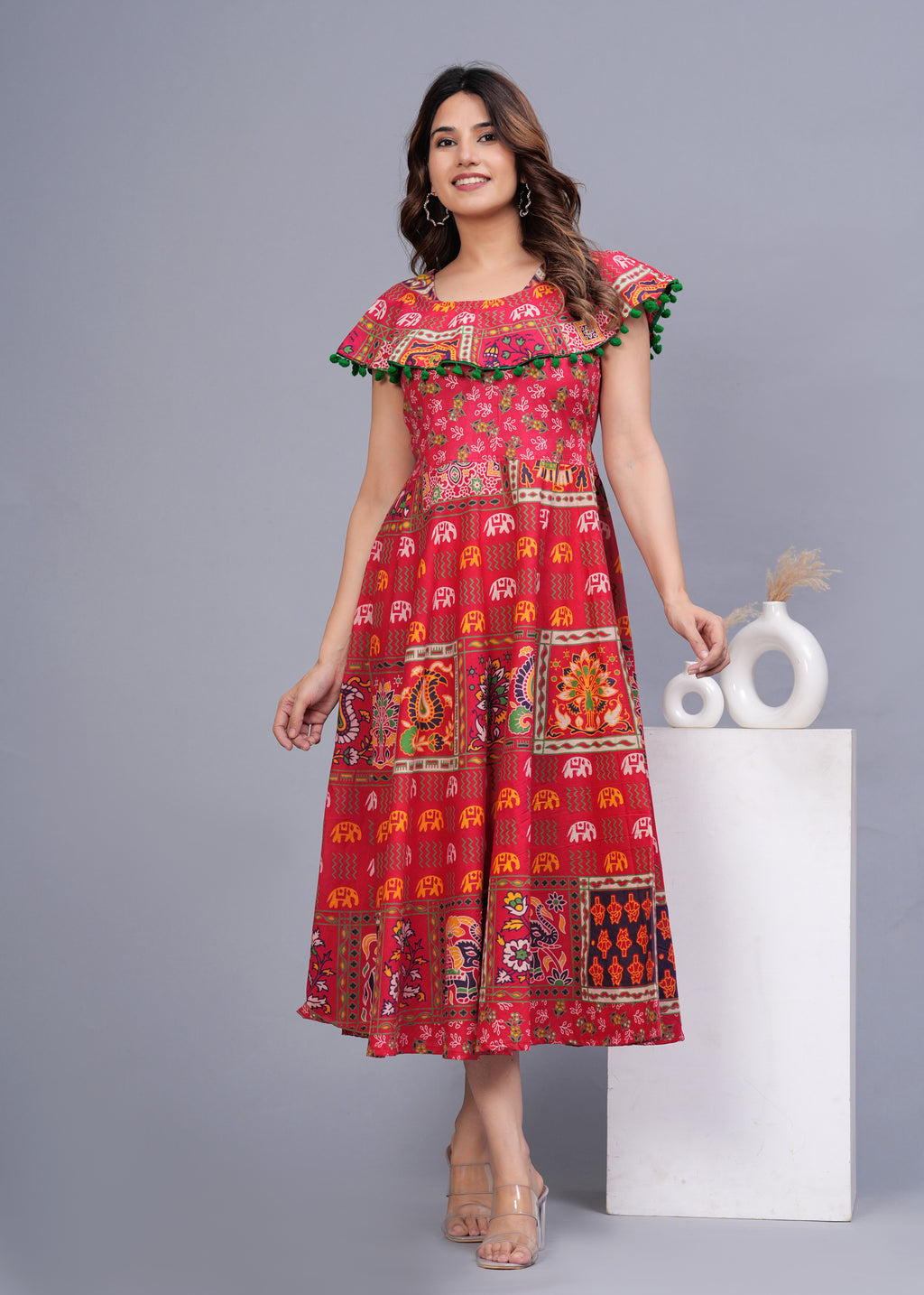 Women’s Red Ethnic Printed Midi Dress – Boho Flared Fit with Pom-Pom Detailing