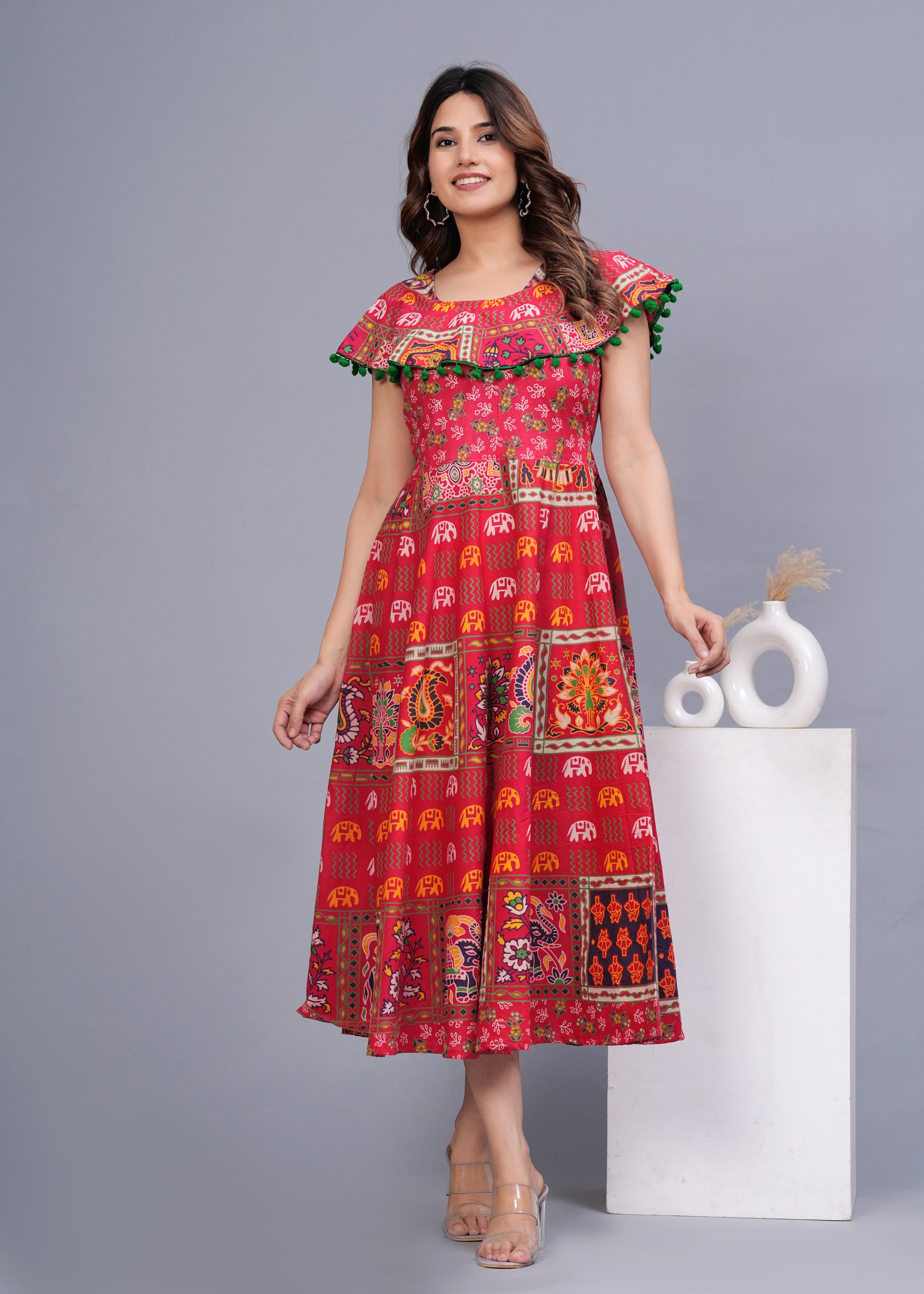 Women’s Red Ethnic Printed Midi Dress – Boho Flared Fit with Pom-Pom Detailing