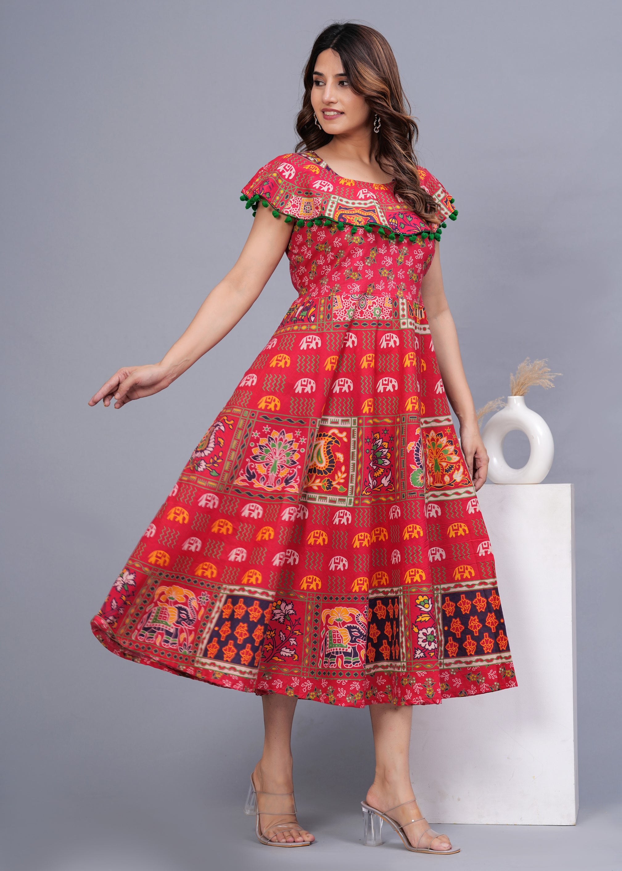 Women’s Red Ethnic Printed Midi Dress – Boho Flared Fit with Pom-Pom Detailing