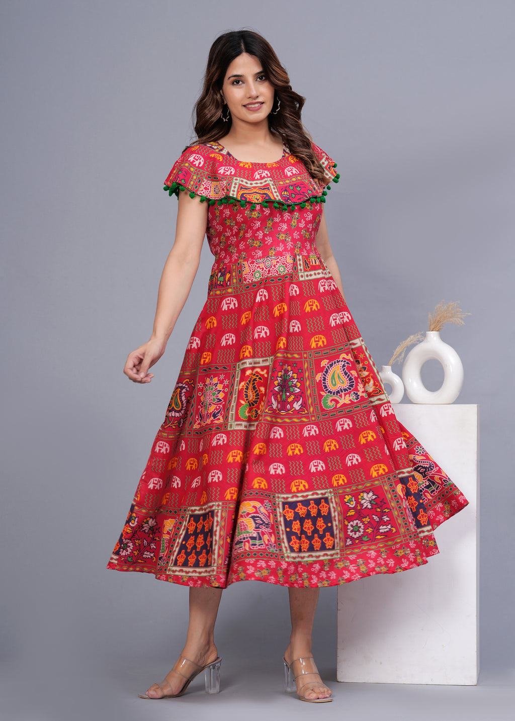 Women’s Red Ethnic Printed Midi Dress – Boho Flared Fit with Pom-Pom Detailing