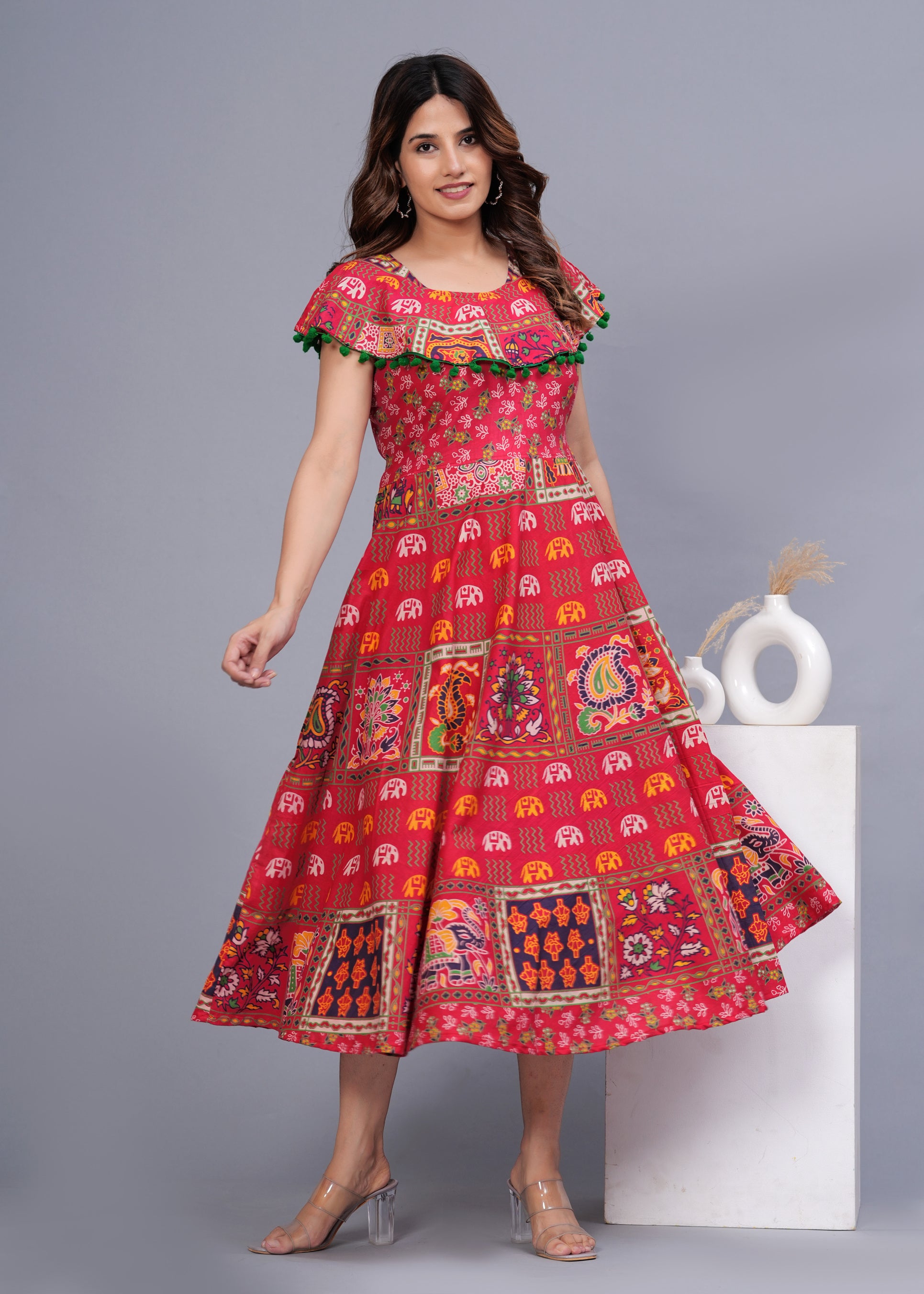 Women’s Red Ethnic Printed Midi Dress – Boho Flared Fit with Pom-Pom Detailing