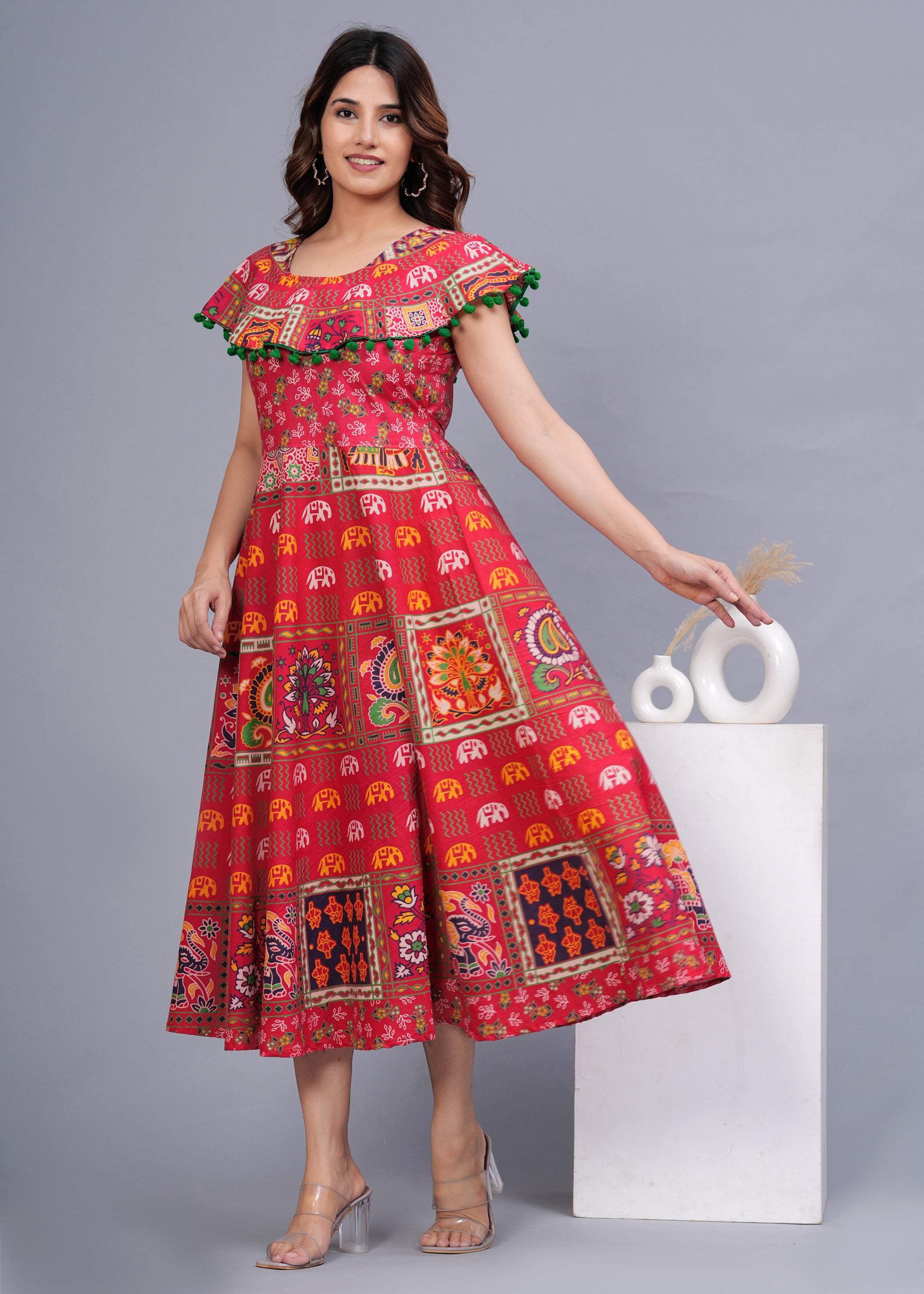 Women’s Red Ethnic Printed Midi Dress – Boho Flared Fit with Pom-Pom Detailing