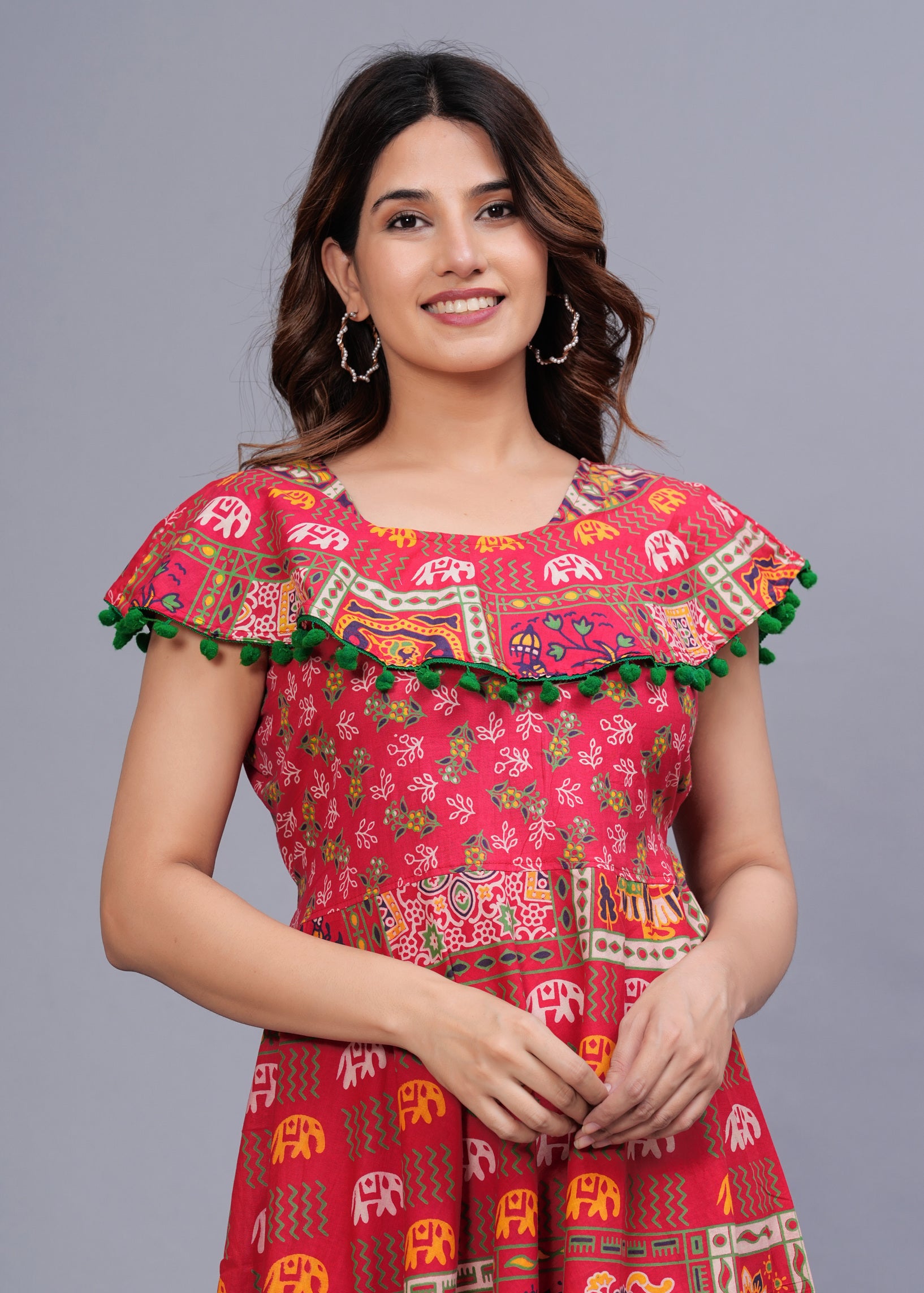 Women’s Red Ethnic Printed Midi Dress – Boho Flared Fit with Pom-Pom Detailing