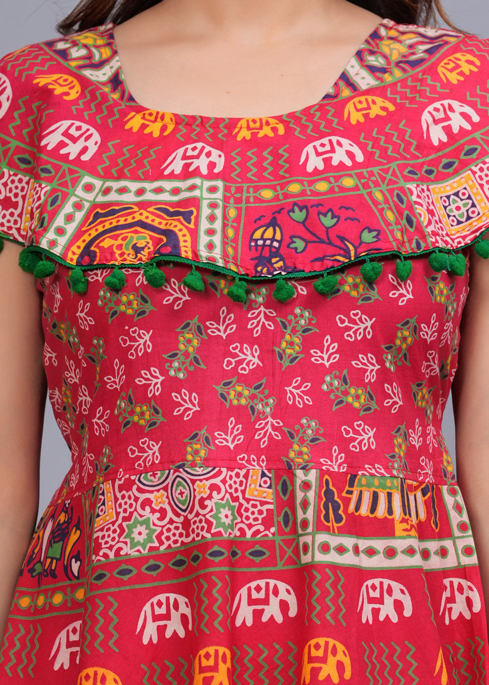 Women’s Red Ethnic Printed Midi Dress – Boho Flared Fit with Pom-Pom Detailing
