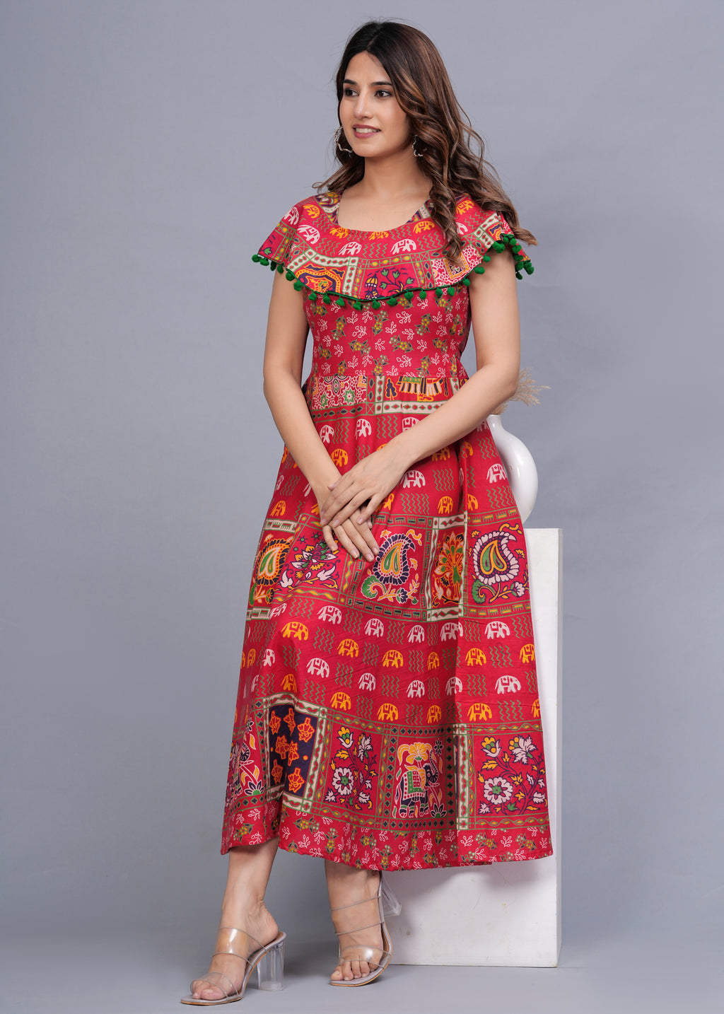 Women’s Red Ethnic Printed Midi Dress – Boho Flared Fit with Pom-Pom Detailing