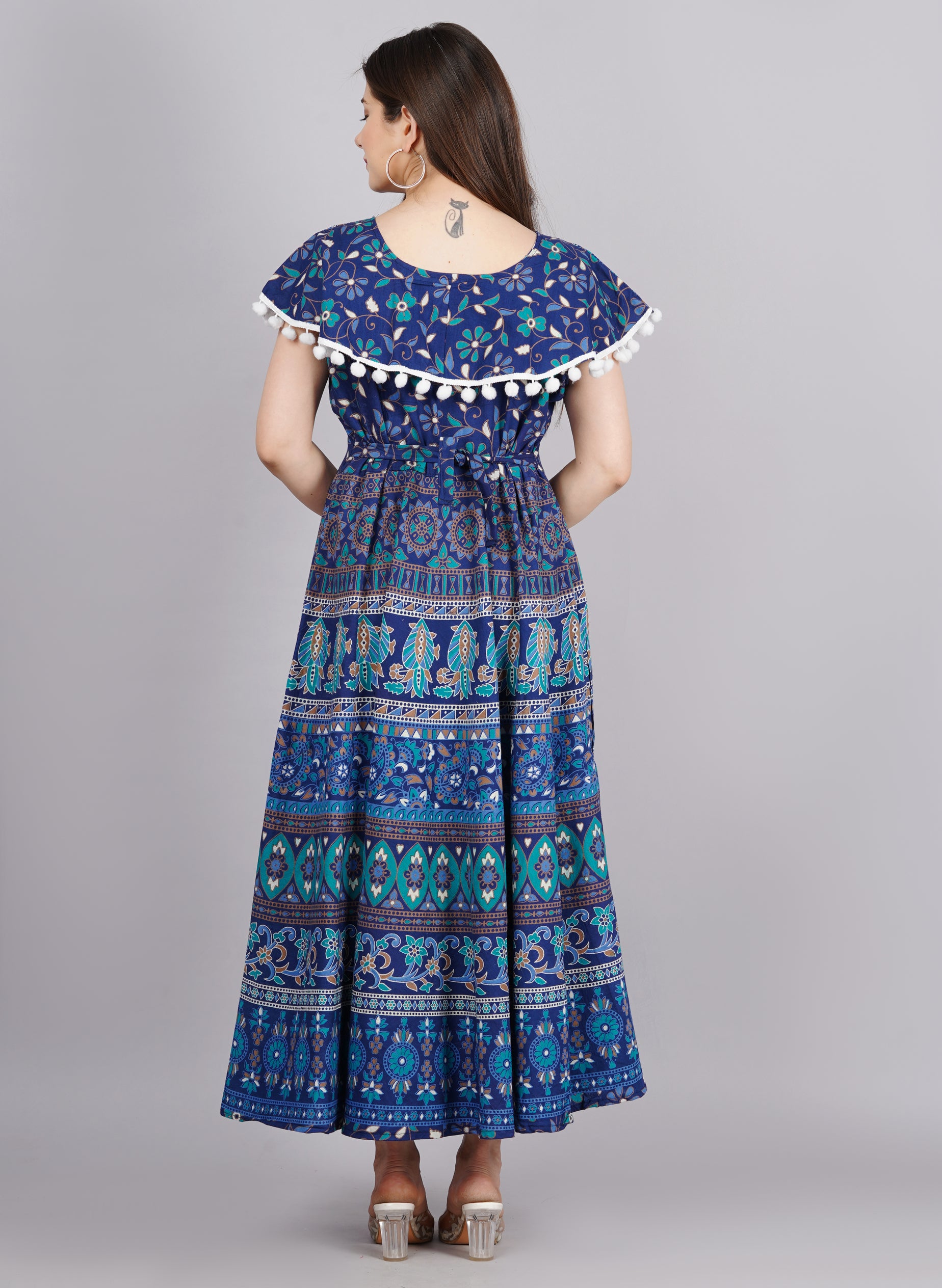 Women’s Navy Blue Ethnic Printed Midi Dress – Flared A-Line Fit with Pom-Pom Detailing