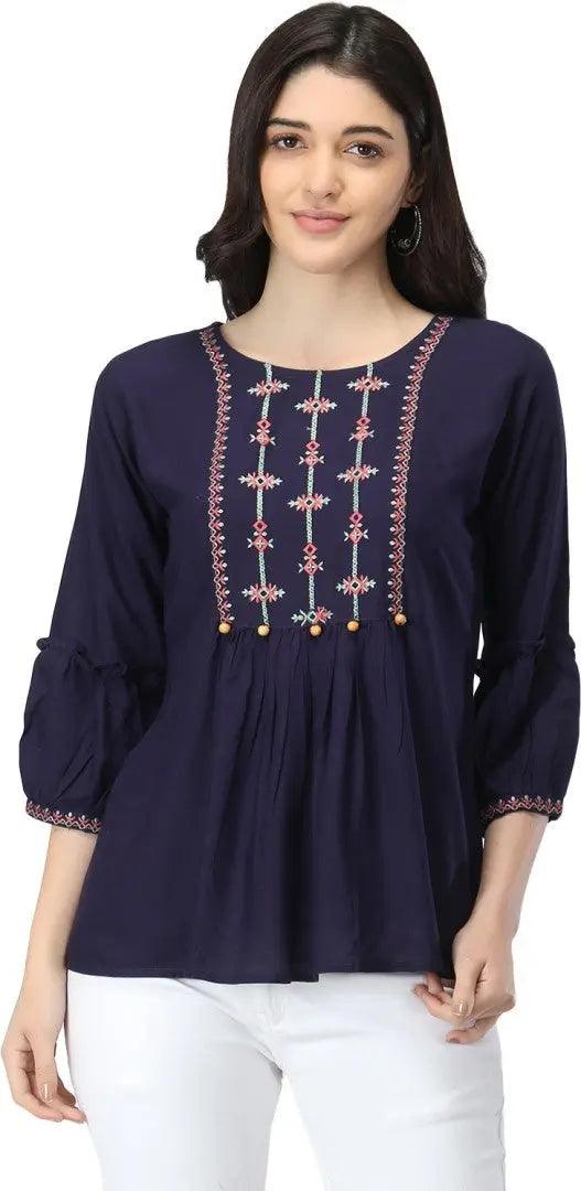 Navy Blue Floral Embroidered Empire Top ROOPWATI FASHION