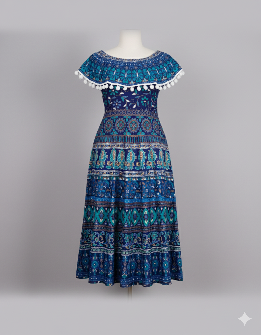 Women’s Navy Blue Ethnic Printed Midi Dress – Flared A-Line Fit with Pom-Pom Detailing