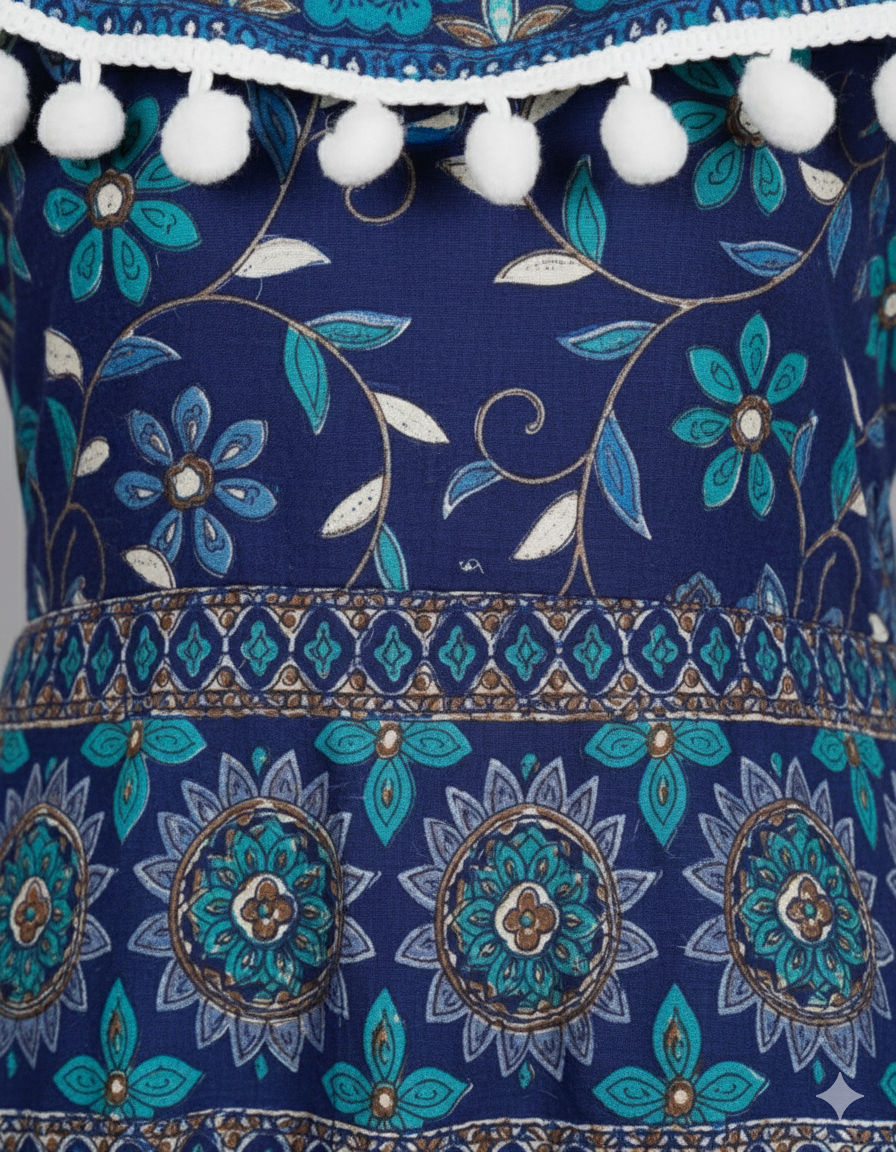 Women’s Navy Blue Ethnic Printed Midi Dress – Flared A-Line Fit with Pom-Pom Detailing