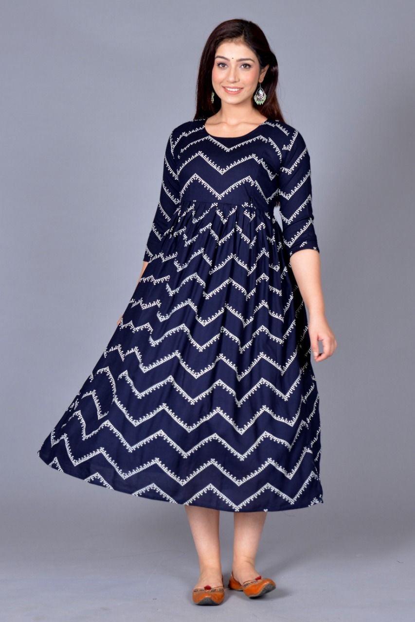 Women Navy Blue Chevron Maternity Anarkali Kurti ROOPWATI FASHION