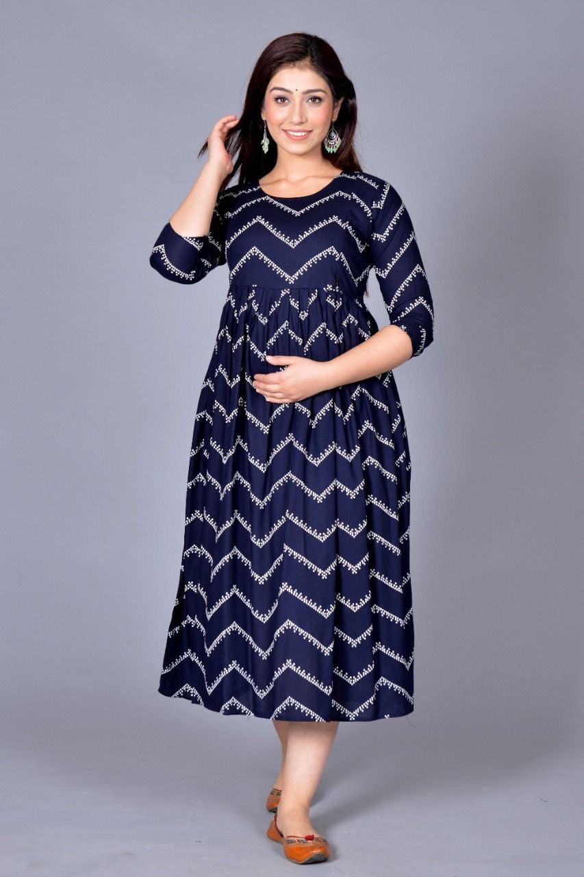Women Navy Blue Chevron Maternity Anarkali Kurti ROOPWATI FASHION