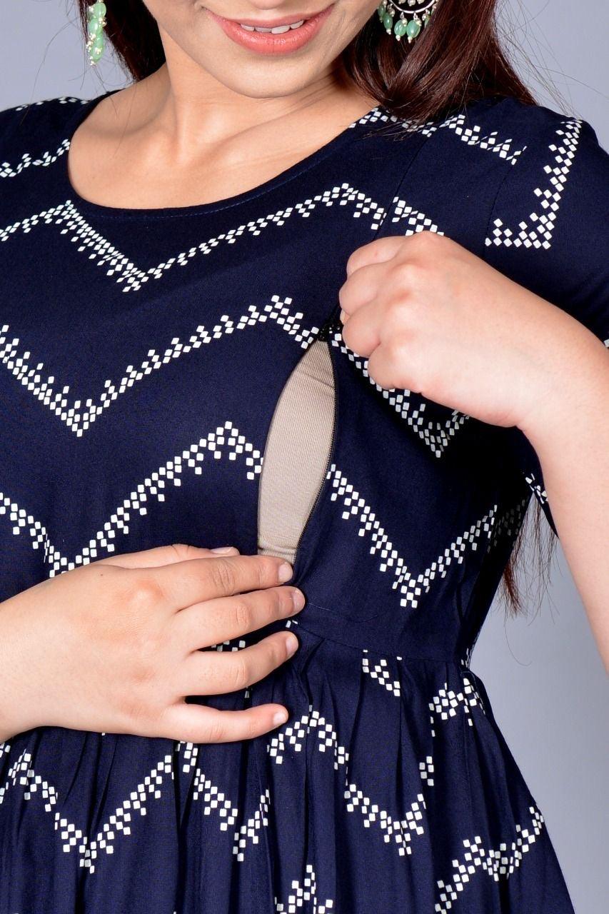 Women Navy Blue Chevron Maternity Anarkali Kurti ROOPWATI FASHION