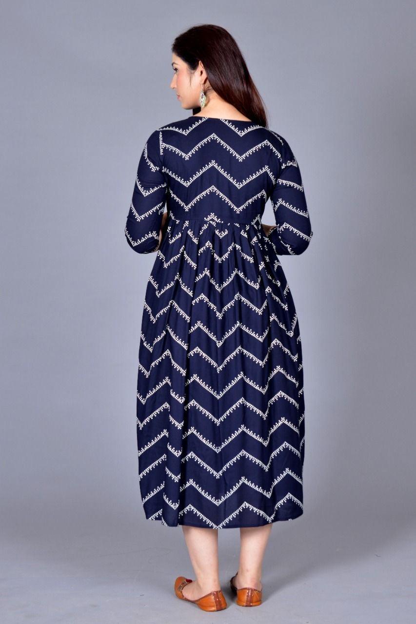 Women Navy Blue Chevron Maternity Anarkali Kurti ROOPWATI FASHION
