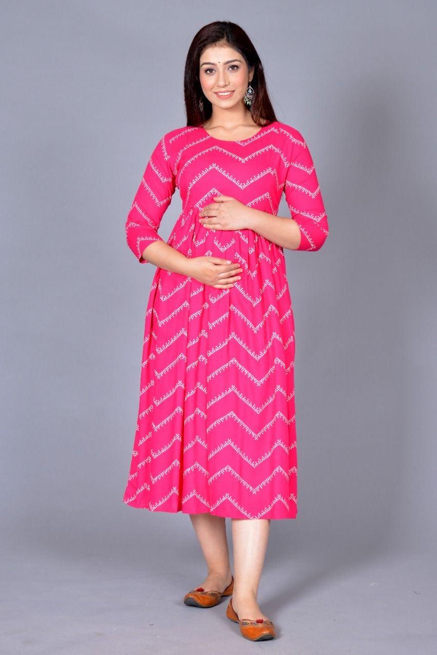 Women Pink Chevron Maternity Anarkali Kurti ROOPWATI FASHION