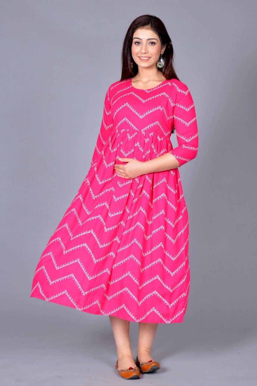 Women Pink Chevron Maternity Anarkali Kurti ROOPWATI FASHION