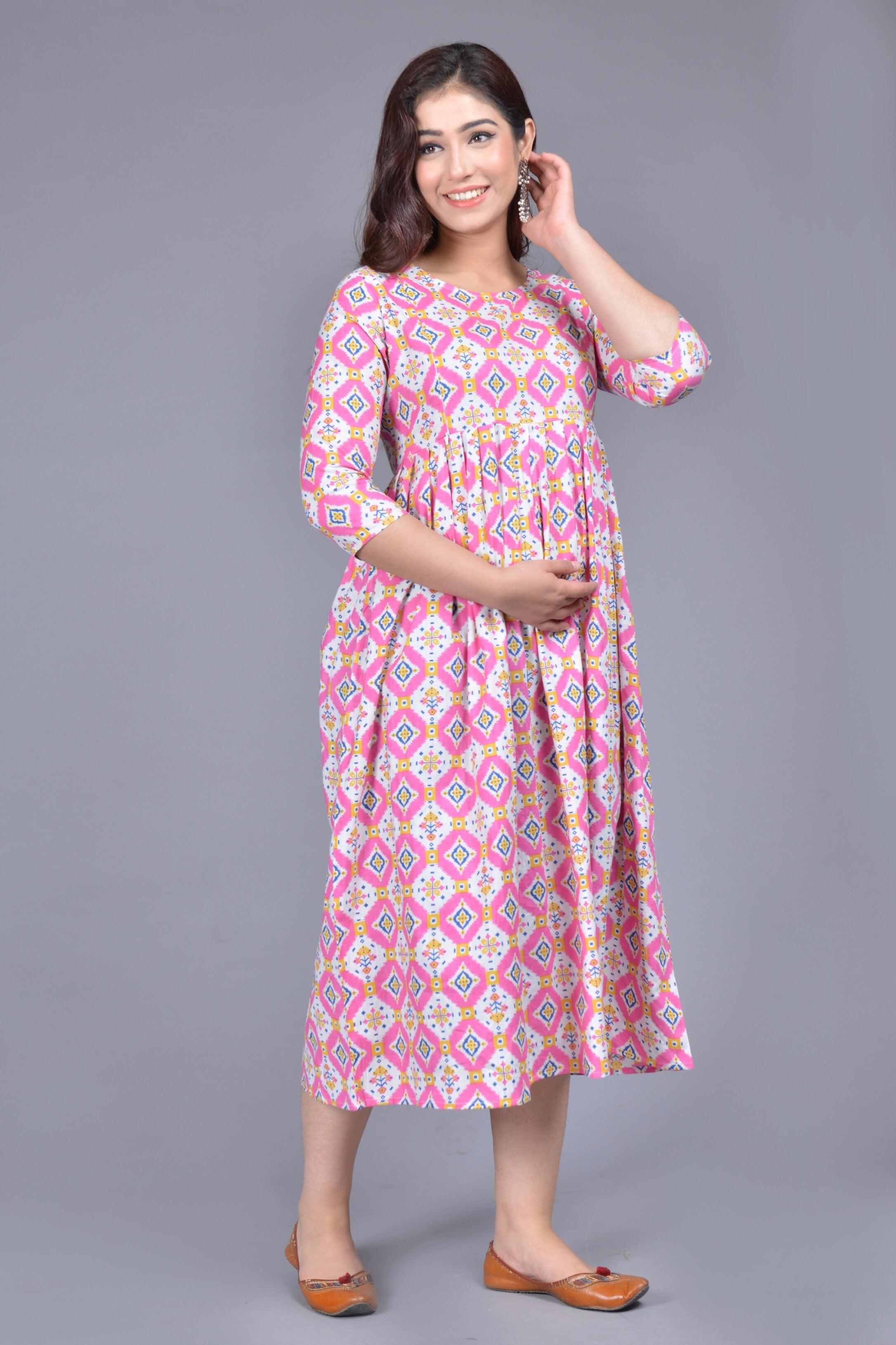 Women Pink Geometric Printed Floral Maternity Kurta ROOPWATI FASHION