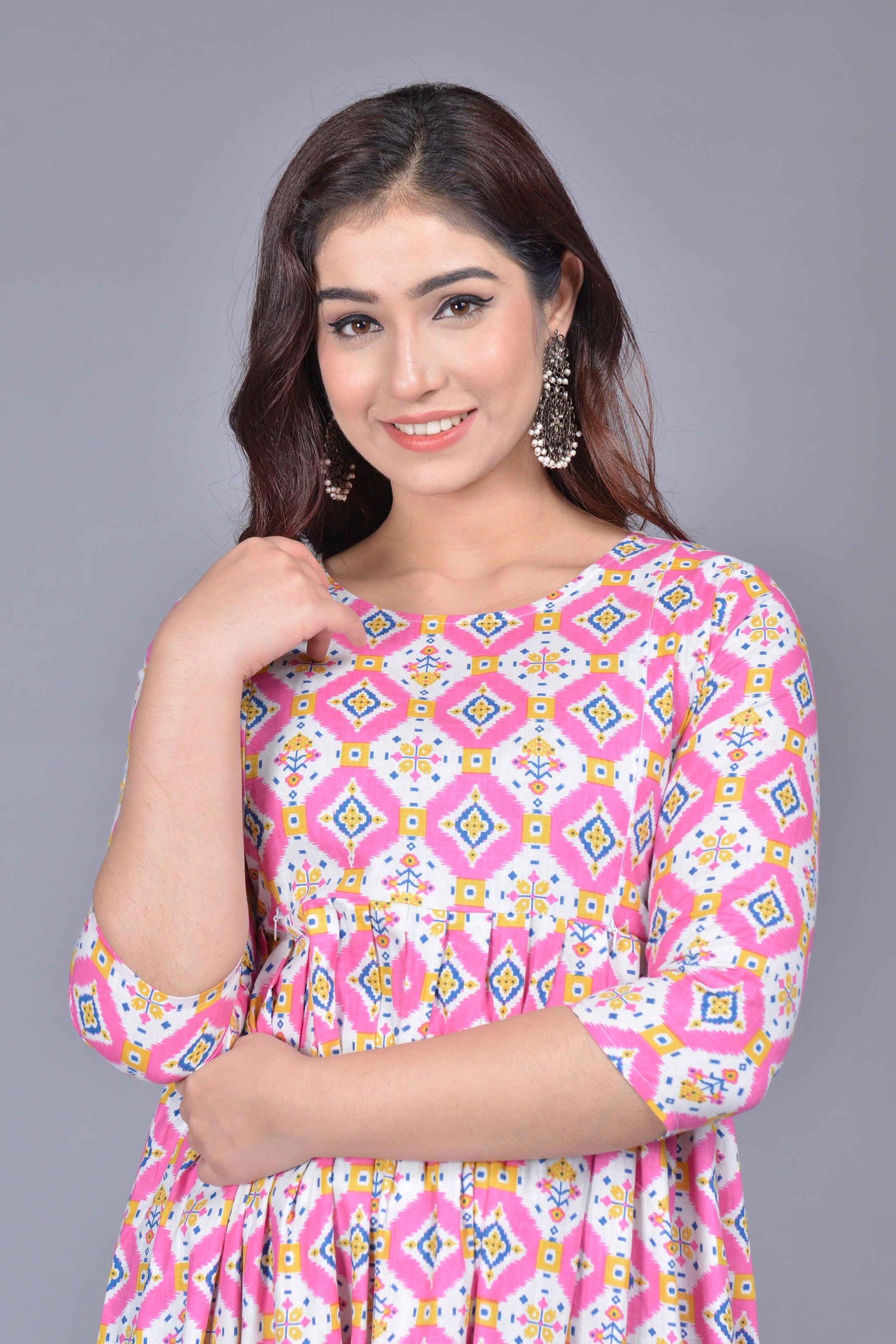 Women Pink Geometric Printed Floral Maternity Kurta ROOPWATI FASHION