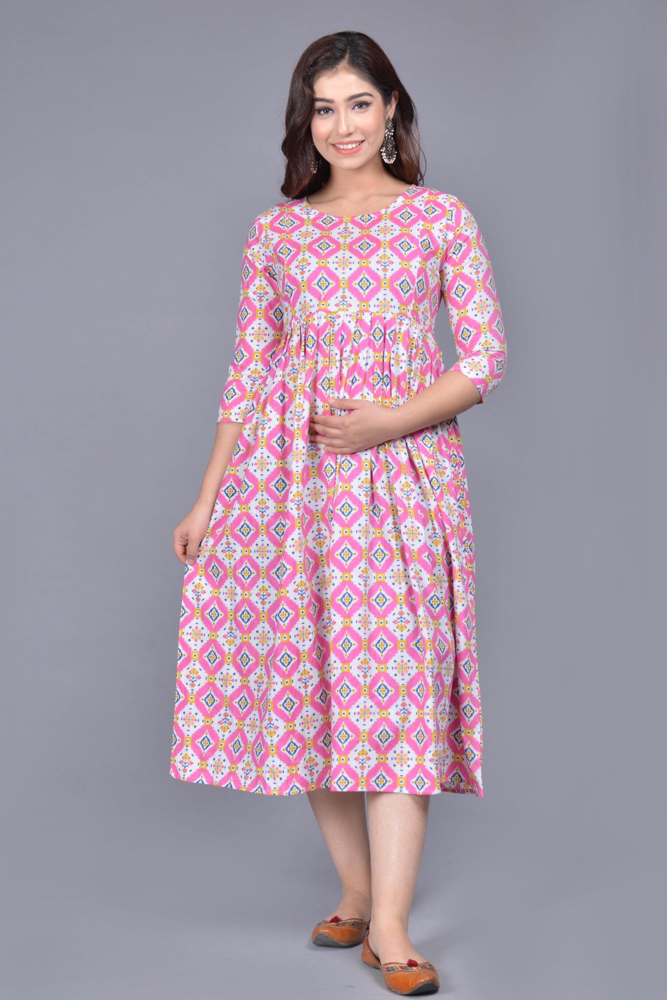 Women Pink Geometric Printed Floral Maternity Kurta ROOPWATI FASHION