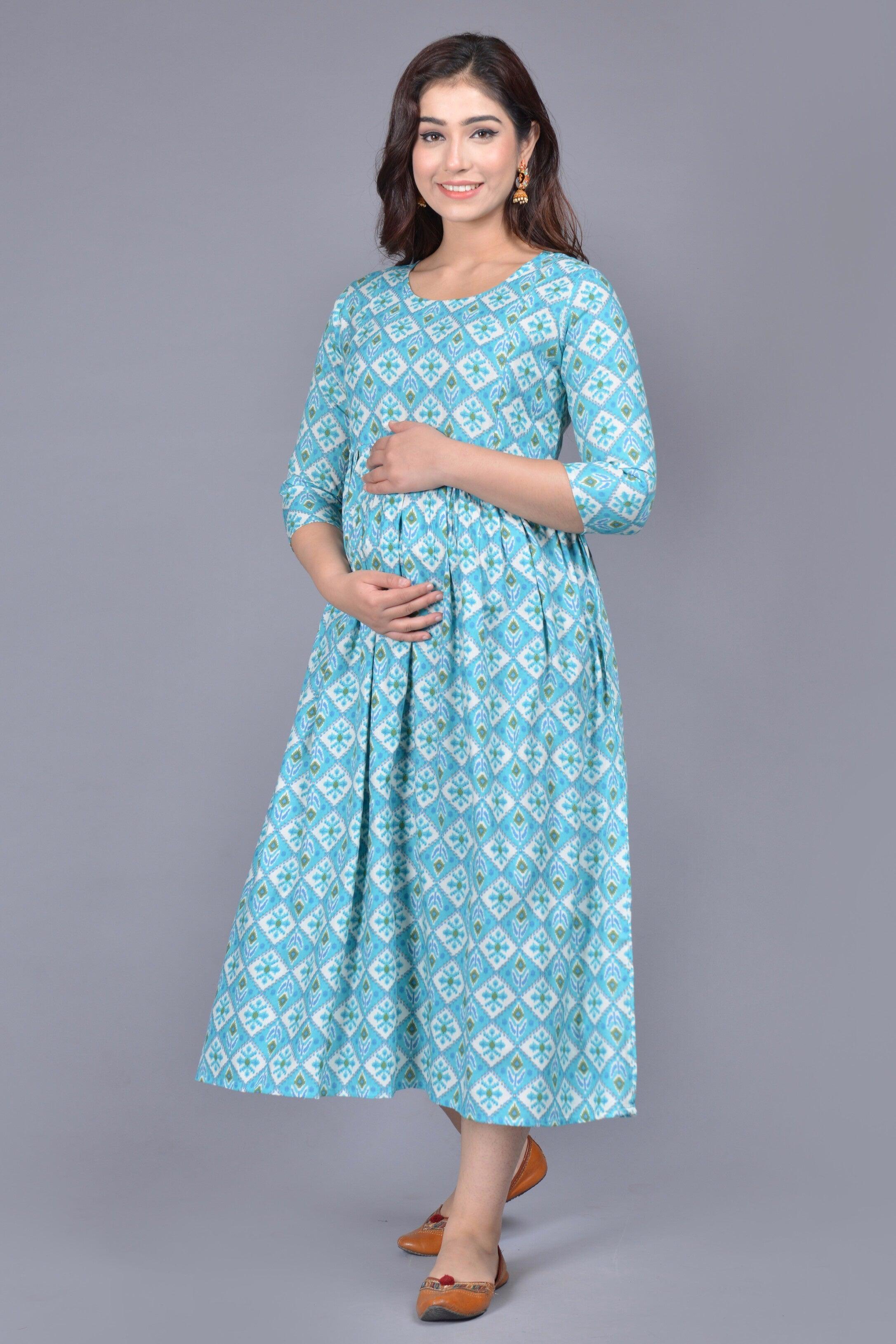 Women Turquoise Blue Ethnic Motifs Printed Thread Work Floral Maternity Kurta ROOPWATI FASHION
