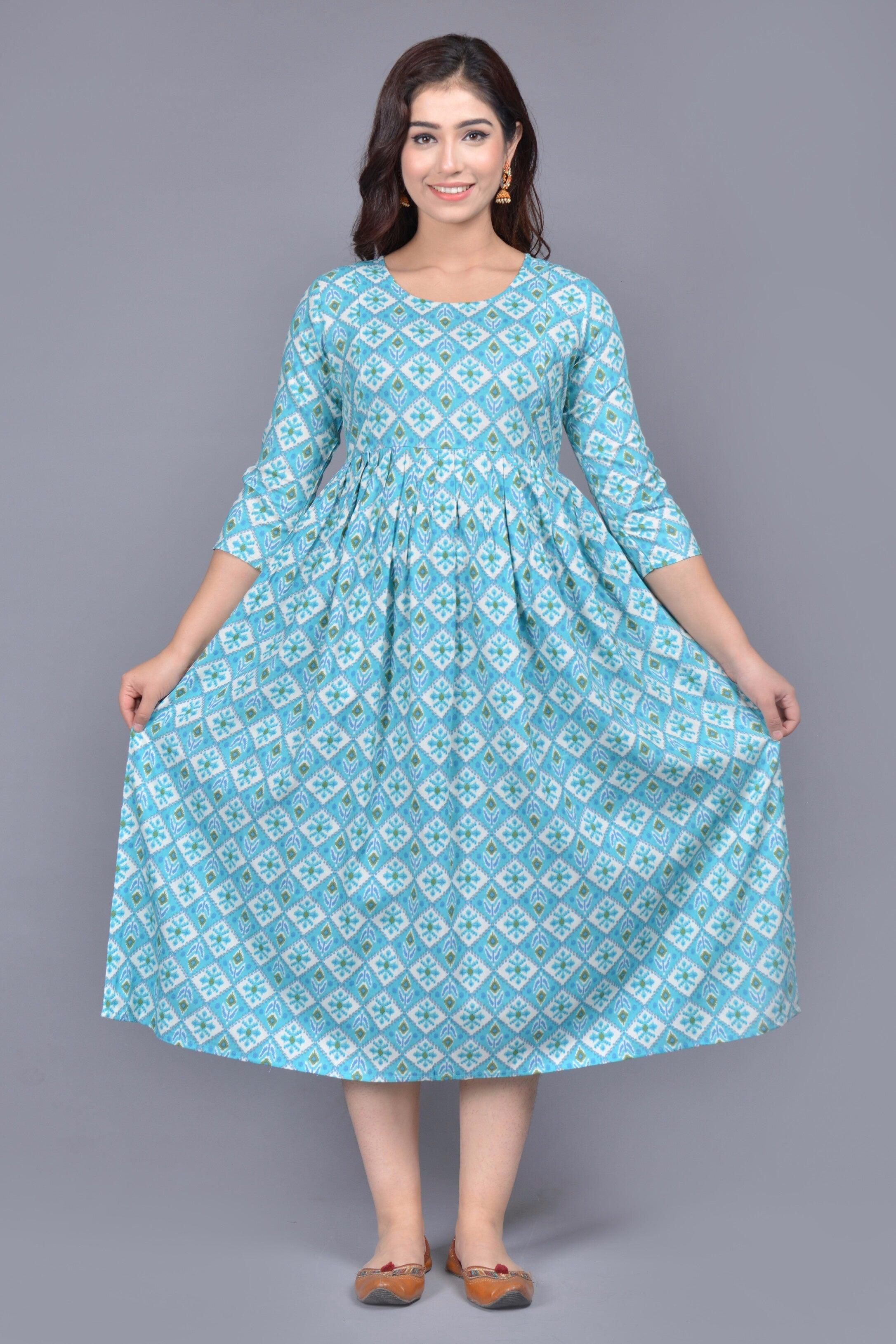 Women Turquoise Blue Ethnic Motifs Printed Thread Work Floral Maternity Kurta ROOPWATI FASHION
