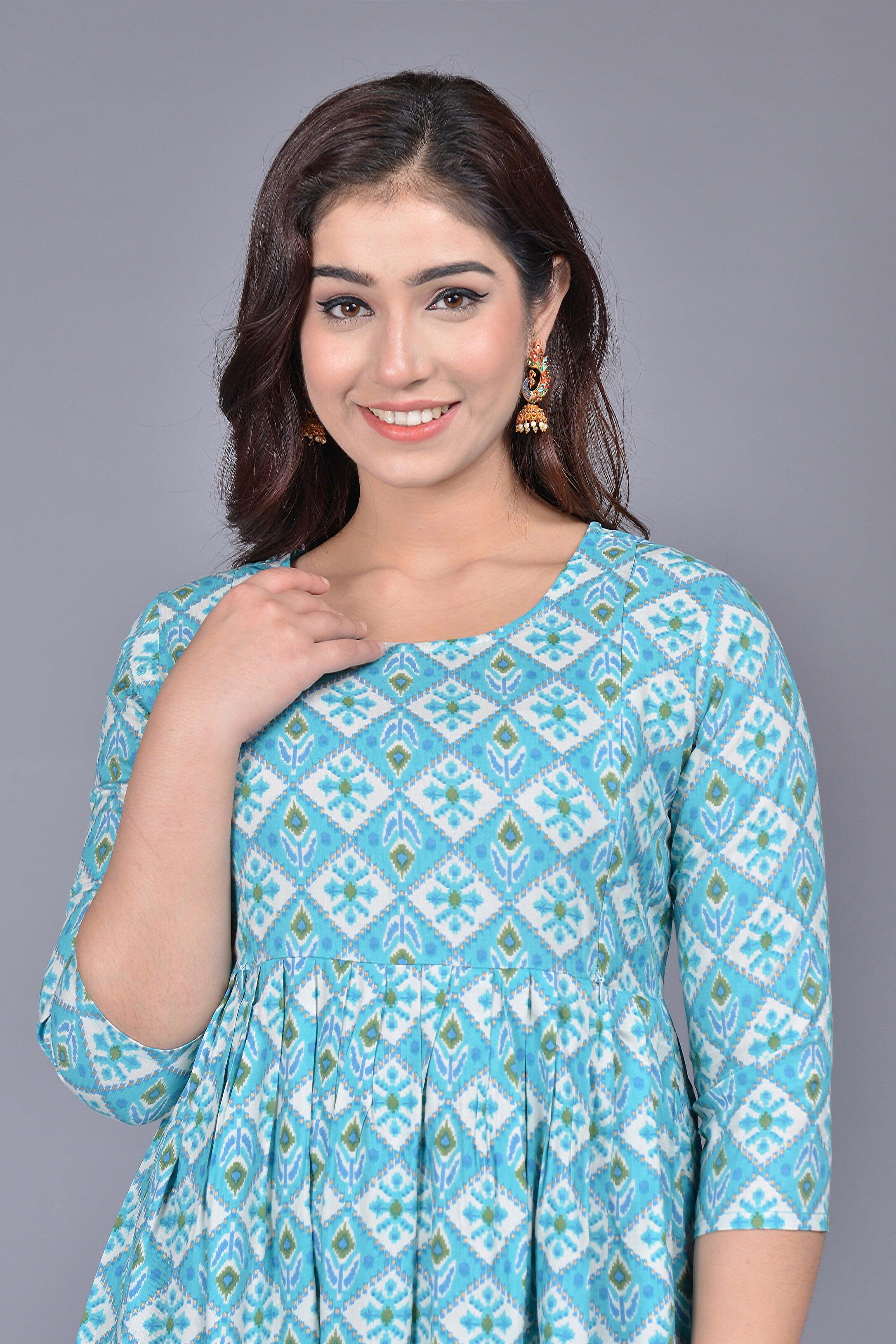 Women Turquoise Blue Ethnic Motifs Printed Thread Work Floral Maternity Kurta ROOPWATI FASHION