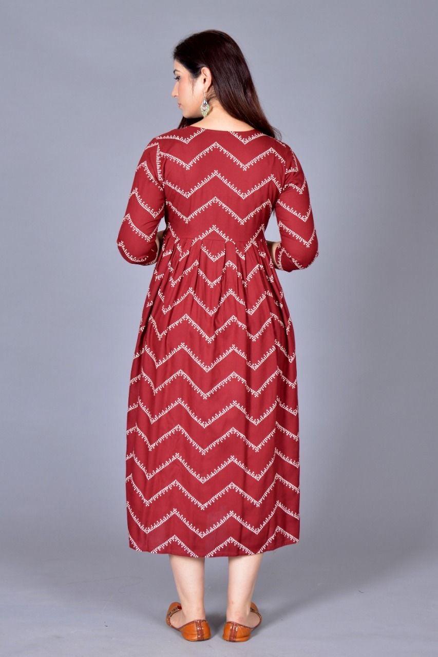 Women Maroon Chevron Maternity Anarkali Kurti ROOPWATI FASHION