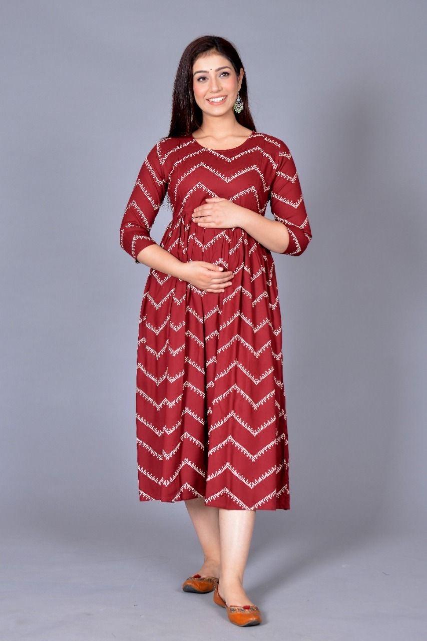 Women Maroon Chevron Maternity Anarkali Kurti ROOPWATI FASHION