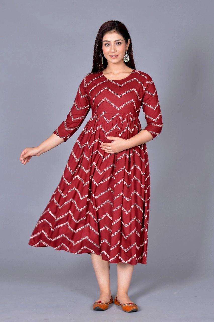 Women Maroon Chevron Maternity Anarkali Kurti ROOPWATI FASHION