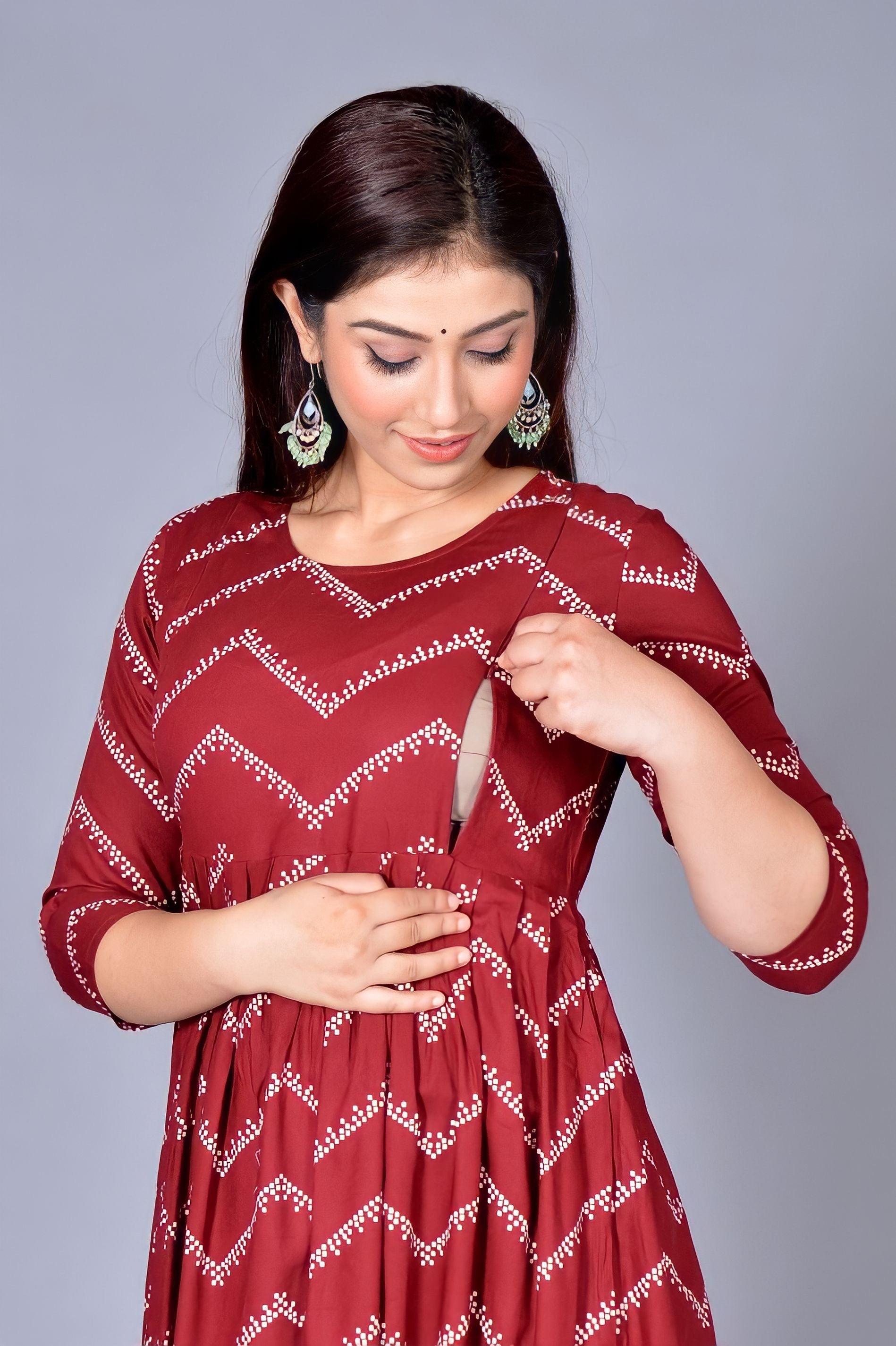 Women Maroon Chevron Maternity Anarkali Kurti ROOPWATI FASHION