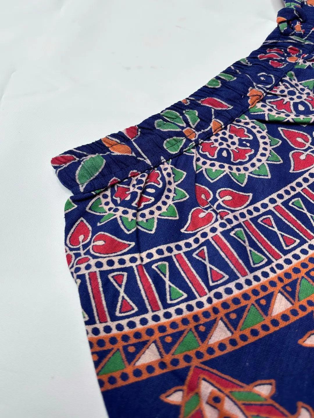 Women Blue & Green Ethnic Motifs Rajasthani Printed Flared Knitted Palazzos ROOPWATI FASHION