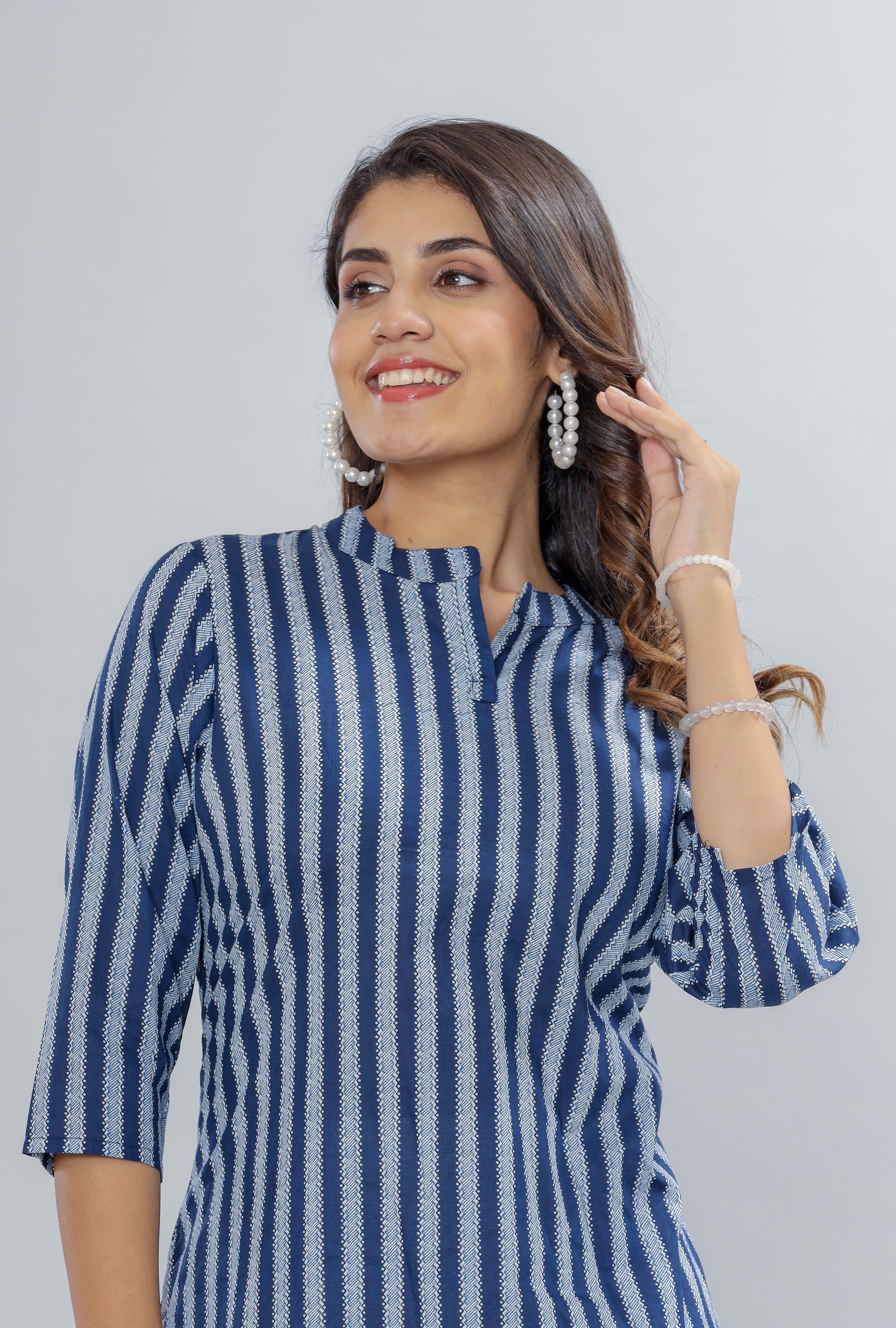 Striped Mandarin Collar Pure Cotton Straight Kurta ROOPWATI FASHION