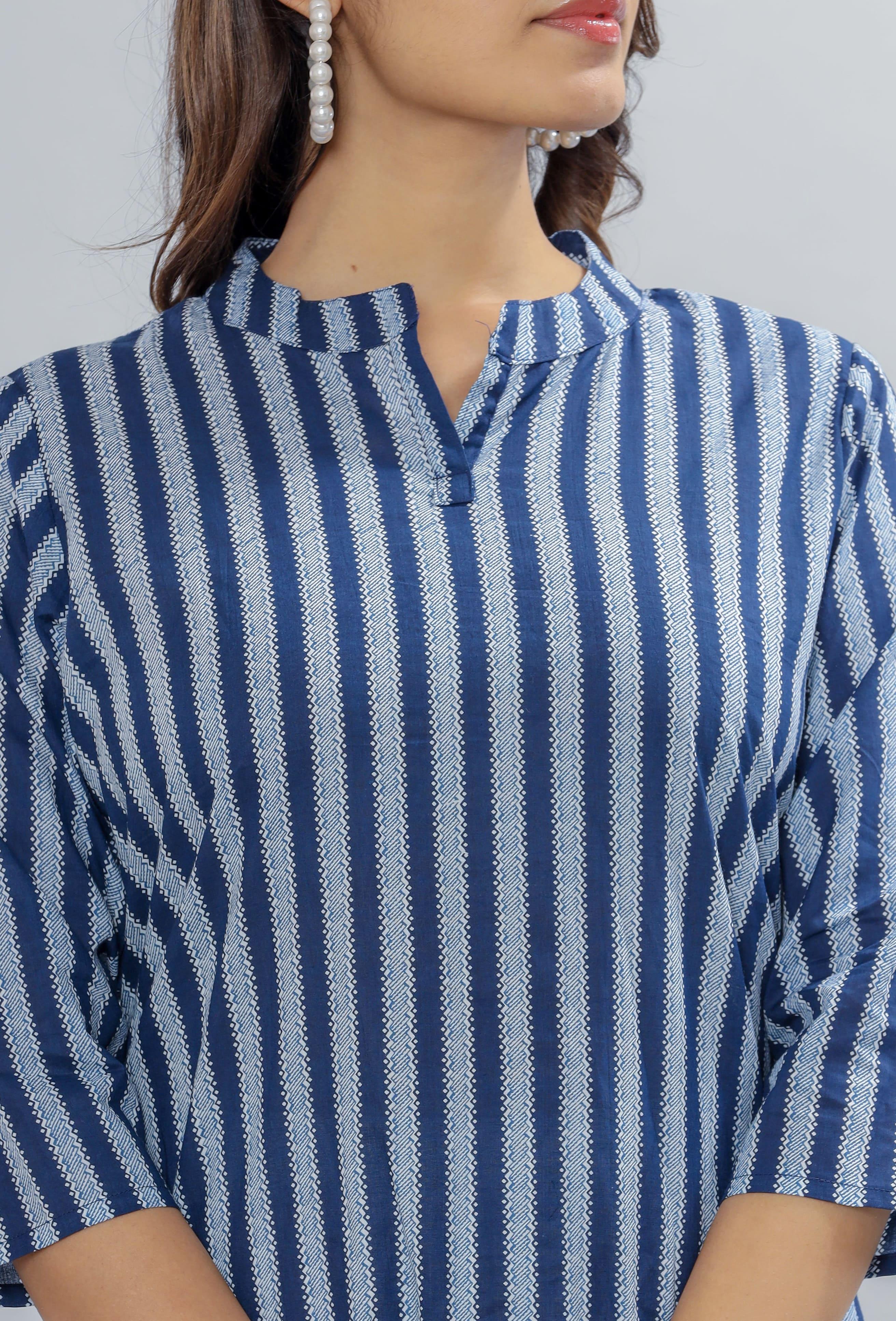 Striped Mandarin Collar Pure Cotton Straight Kurta ROOPWATI FASHION