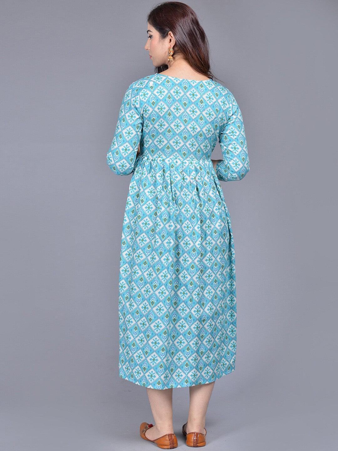 Women Turquoise Blue Ethnic Motifs Printed Thread Work Floral Maternity Kurta ROOPWATI FASHION