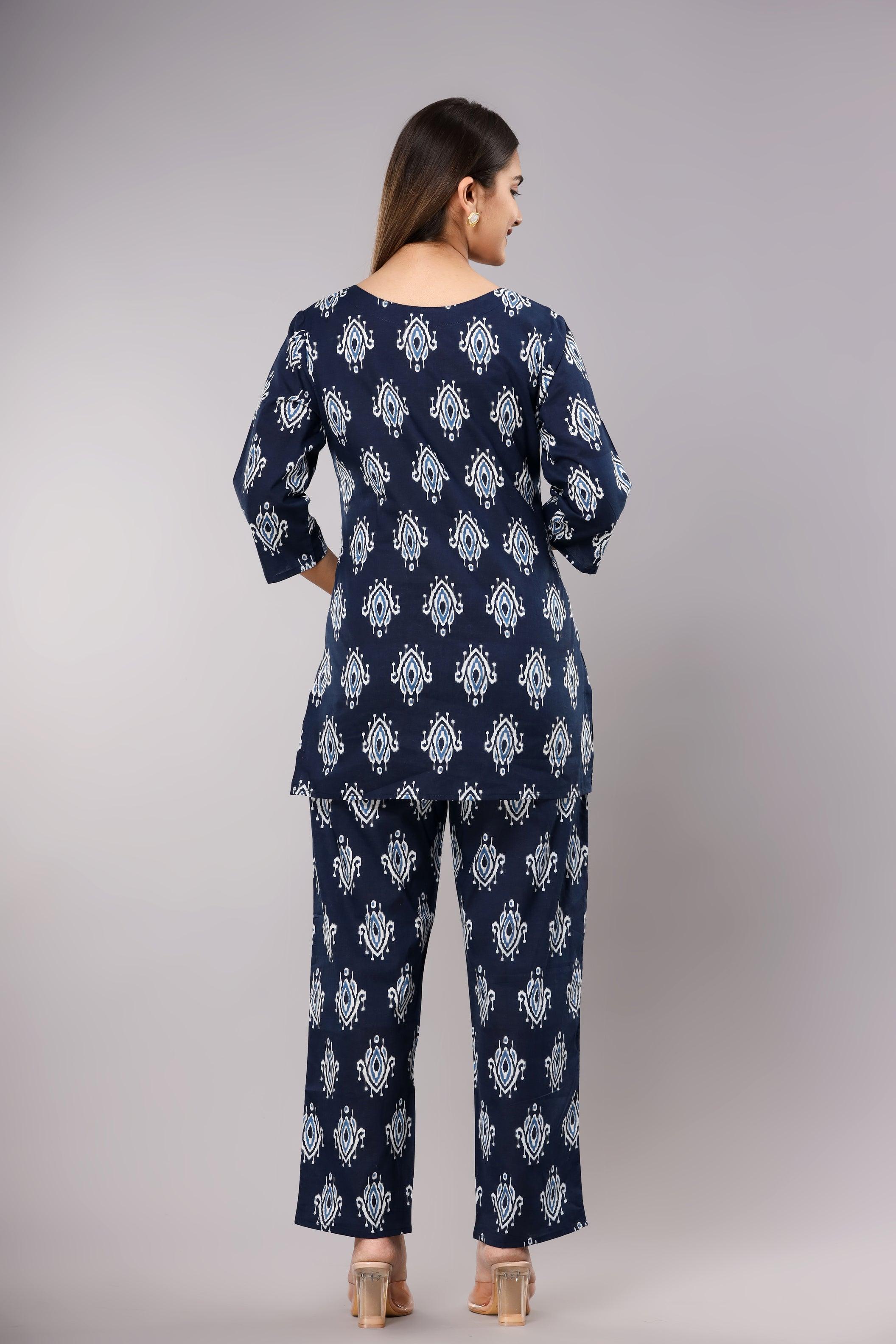Floral Printed Royal Navy Blue Cotton Night suit ROOPWATI FASHION