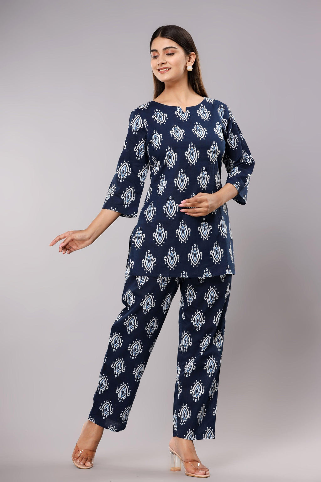 Floral Printed Royal Navy Blue Cotton Night suit ROOPWATI FASHION