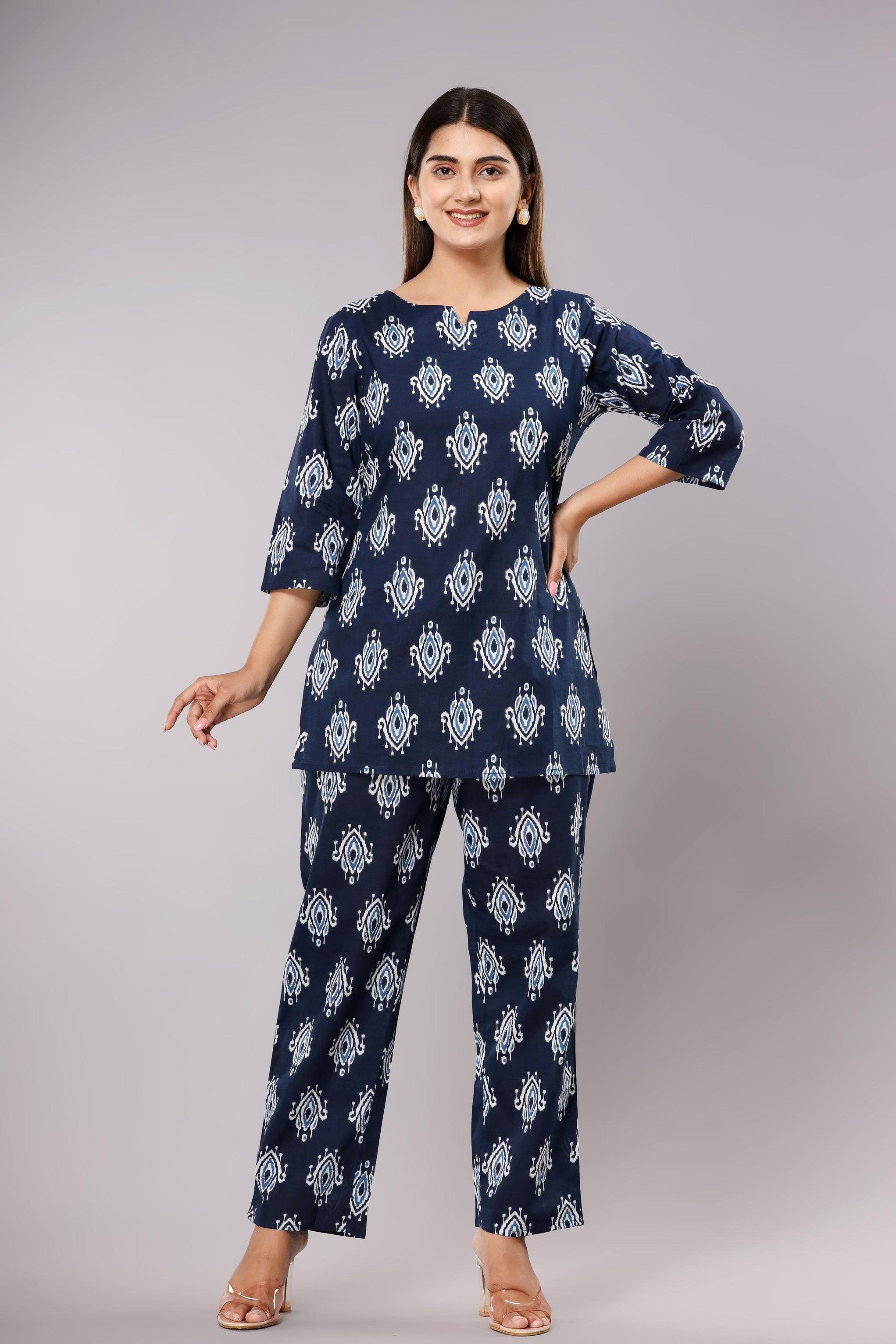 Floral Printed Royal Navy Blue Cotton Night suit ROOPWATI FASHION