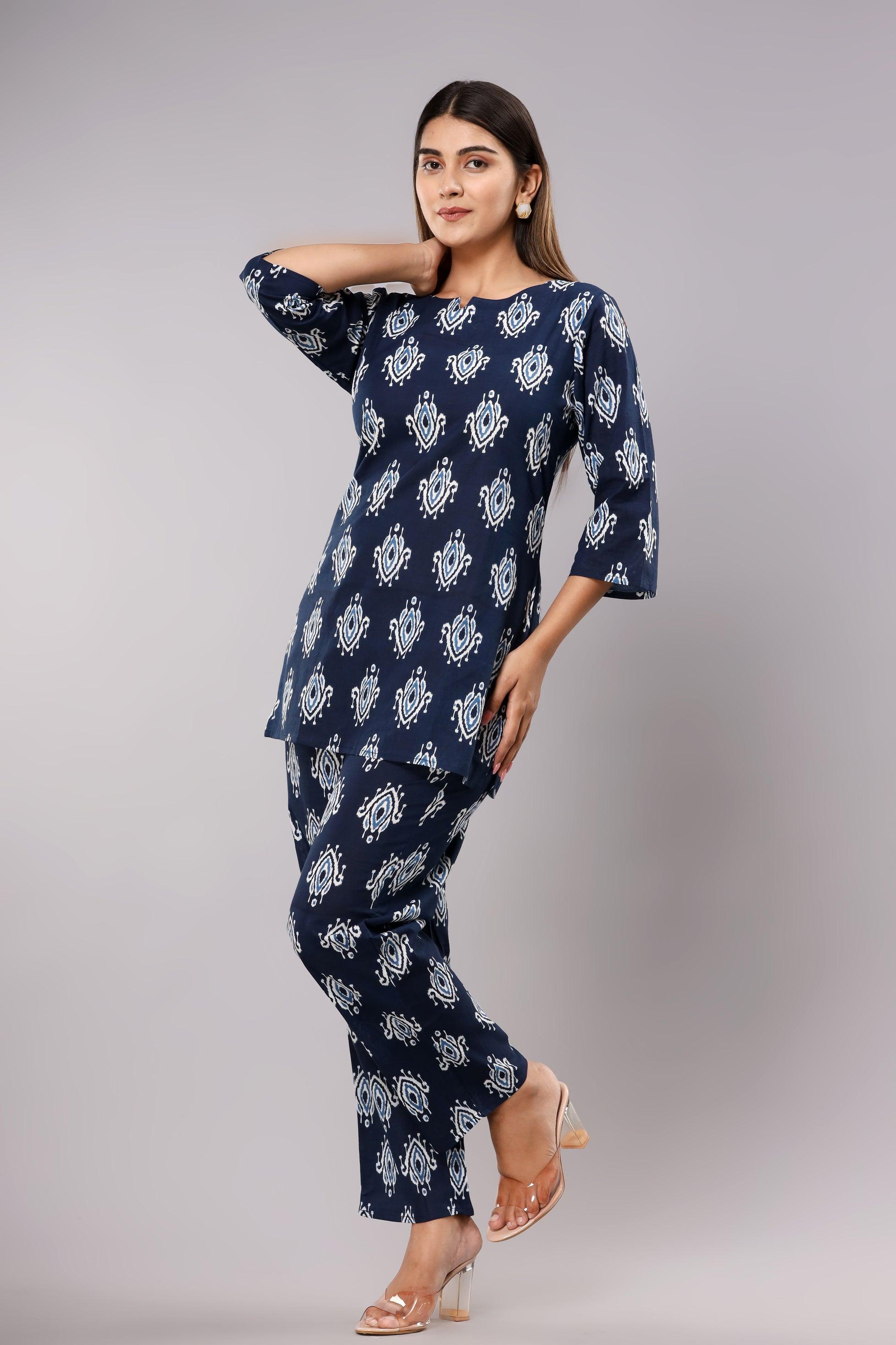 Floral Printed Royal Navy Blue Cotton Night suit ROOPWATI FASHION