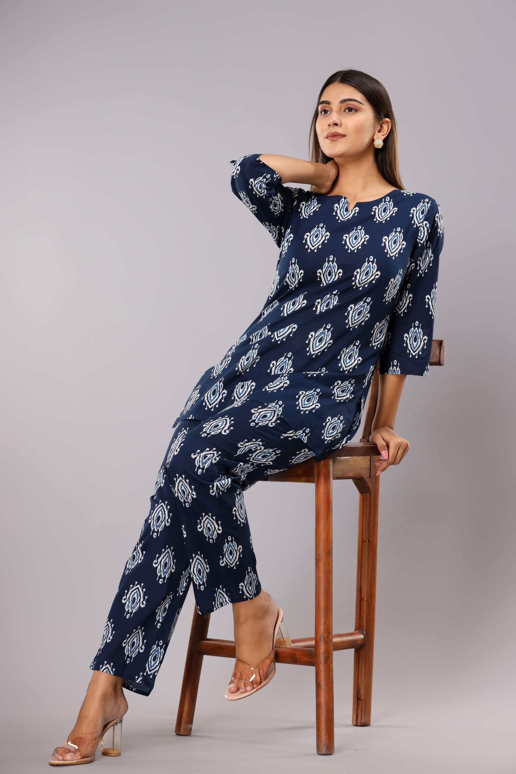 Floral Printed Royal Navy Blue Cotton Night suit ROOPWATI FASHION