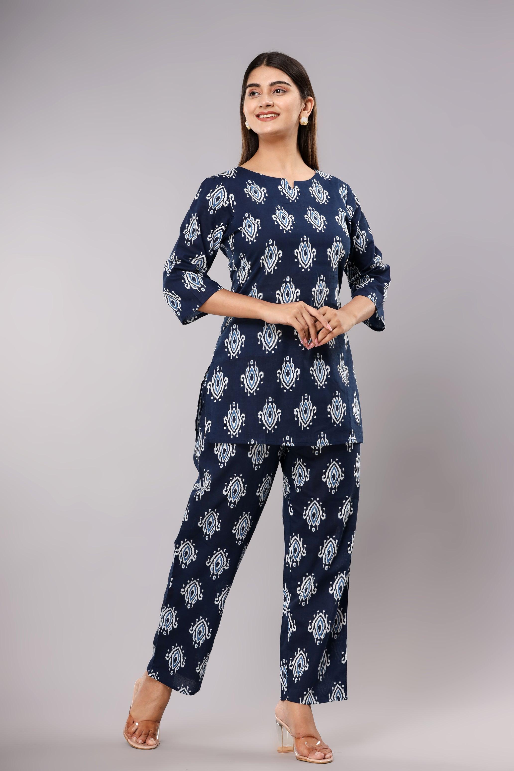 Floral Printed Royal Navy Blue Cotton Night suit ROOPWATI FASHION