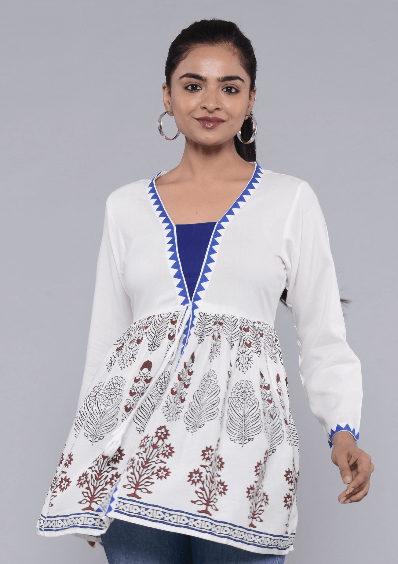 Women White Print Longline Top ROOPWATI FASHION