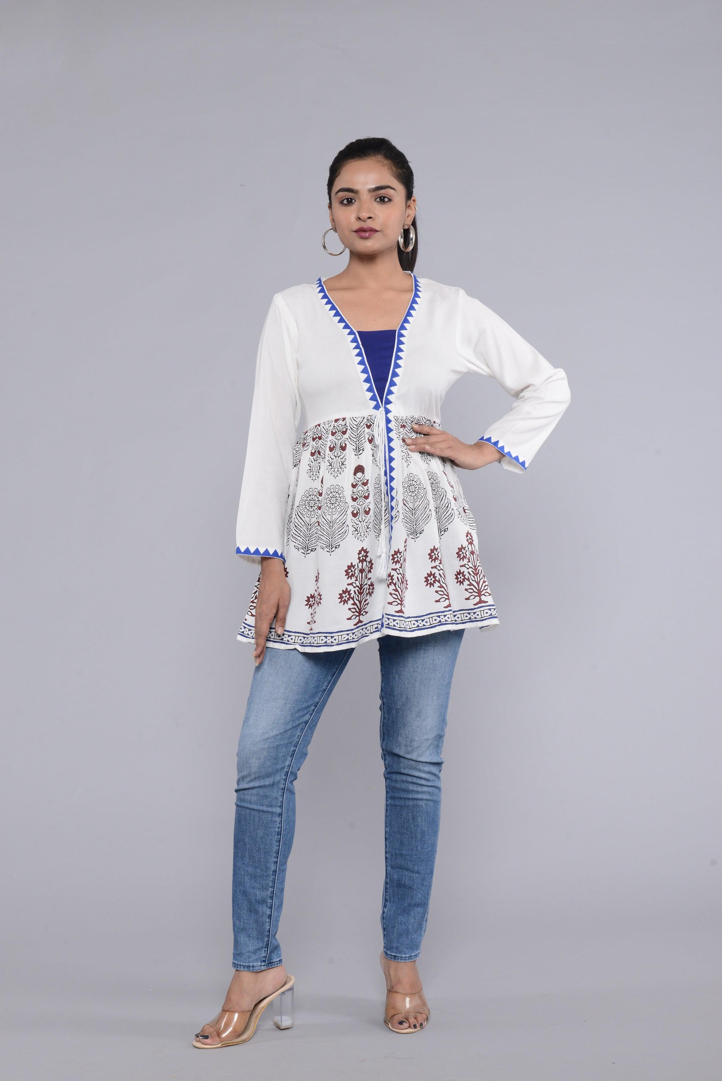 Women White Print Longline Top ROOPWATI FASHION