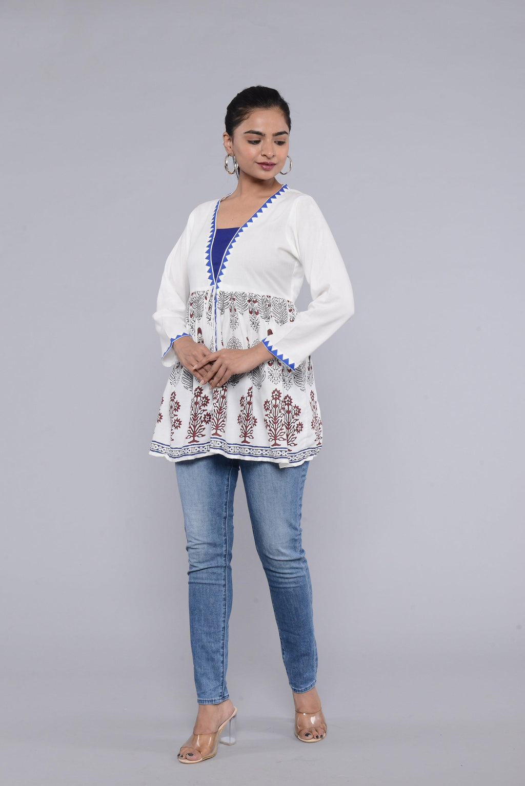 Women White Print Longline Top ROOPWATI FASHION