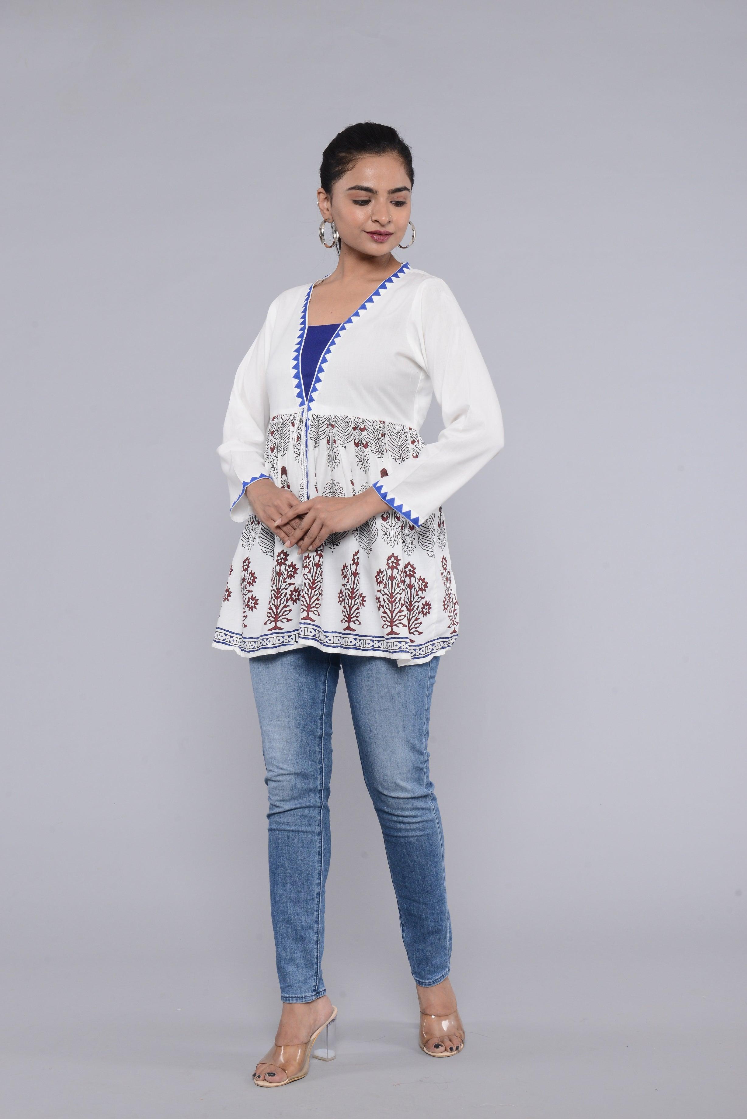 Women White Print Longline Top ROOPWATI FASHION