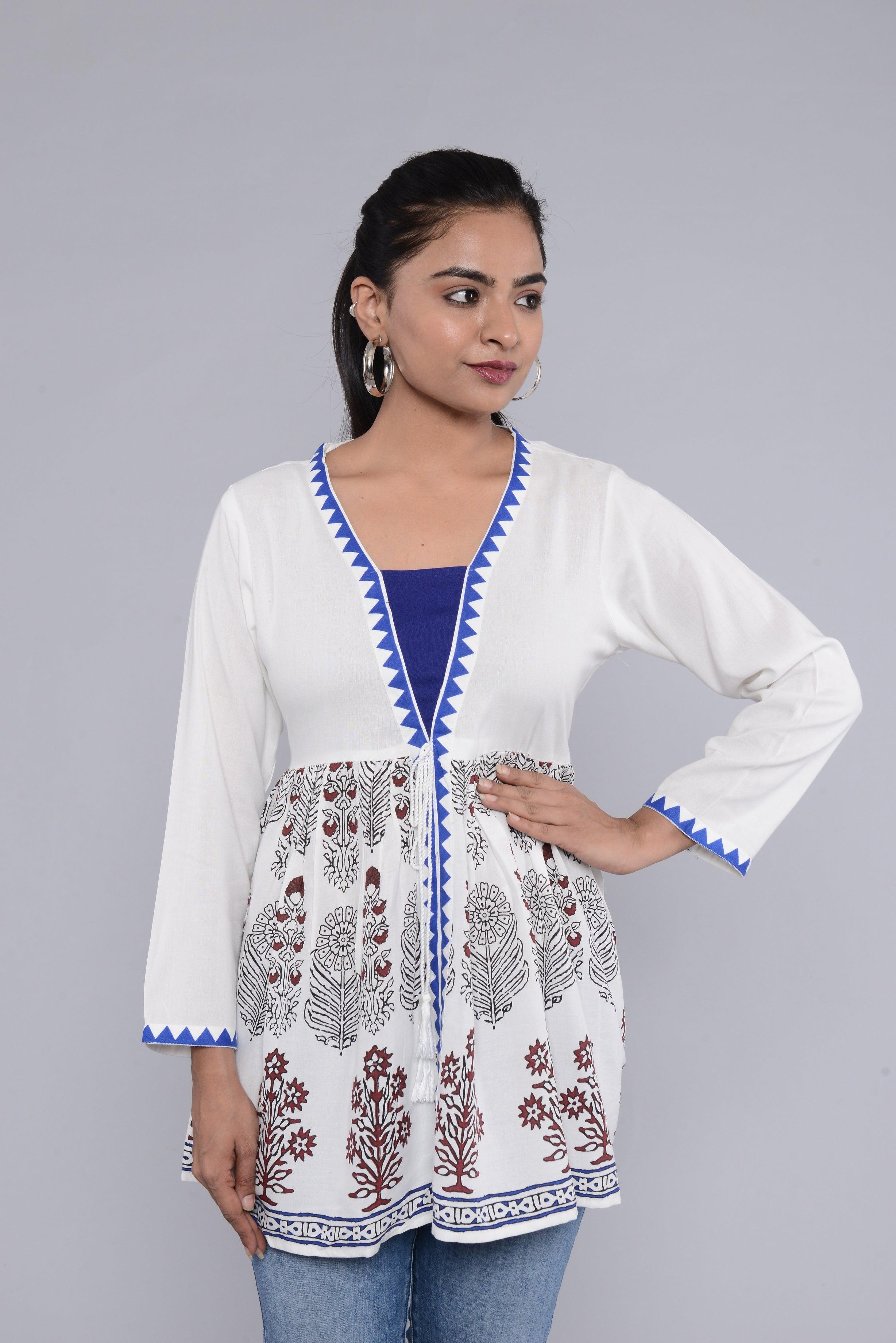 Women White Print Longline Top ROOPWATI FASHION