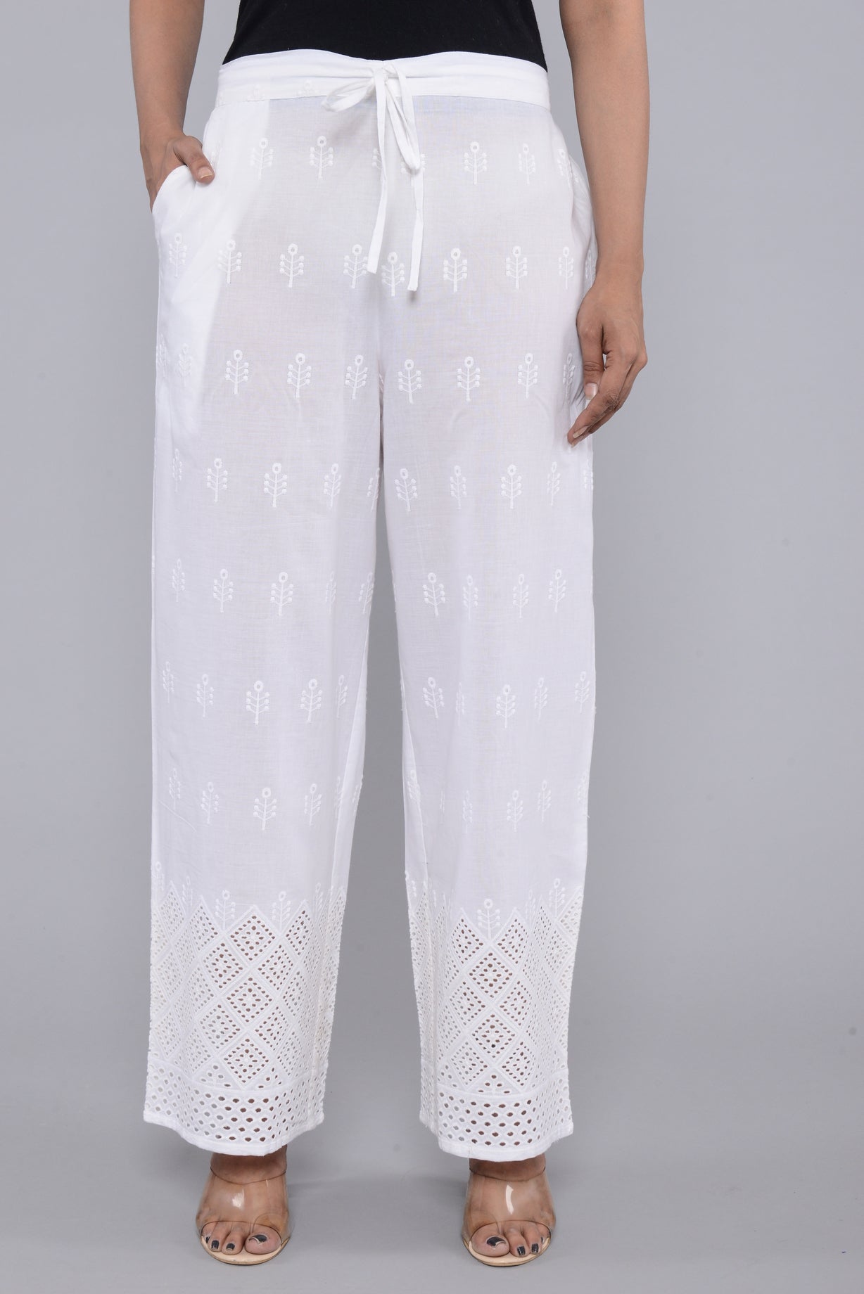 Women Floral Embroidered Cotton Straight Palazzo ROOPWATI FASHION