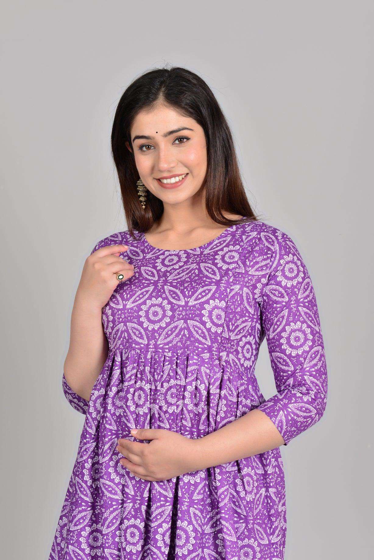 Women Floral Printed Pure Cotton Maternity Feeding Anarkali Kurti ROOPWATI FASHION