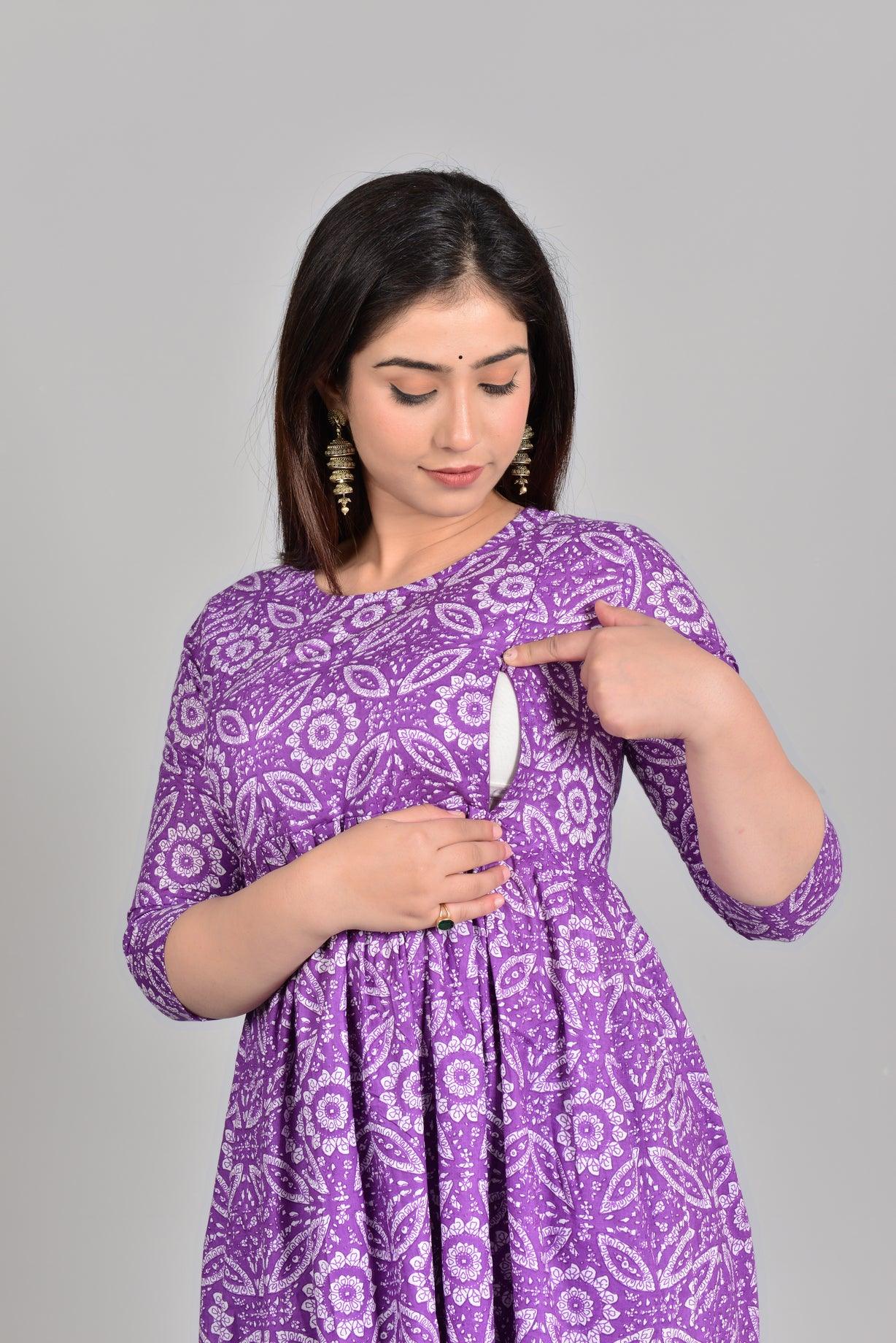 Women Floral Printed Pure Cotton Maternity Feeding Anarkali Kurti ROOPWATI FASHION