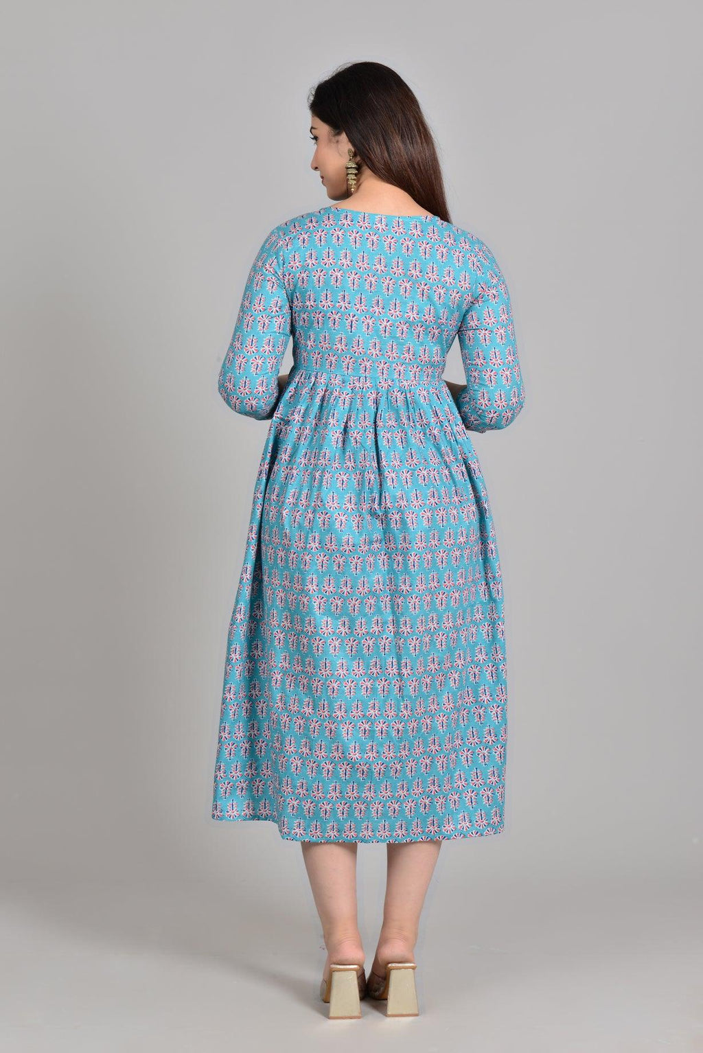 Women Turquoise Blue Floral Printed Pure Cotton Maternity Anarkali Kurti ROOPWATI FASHION