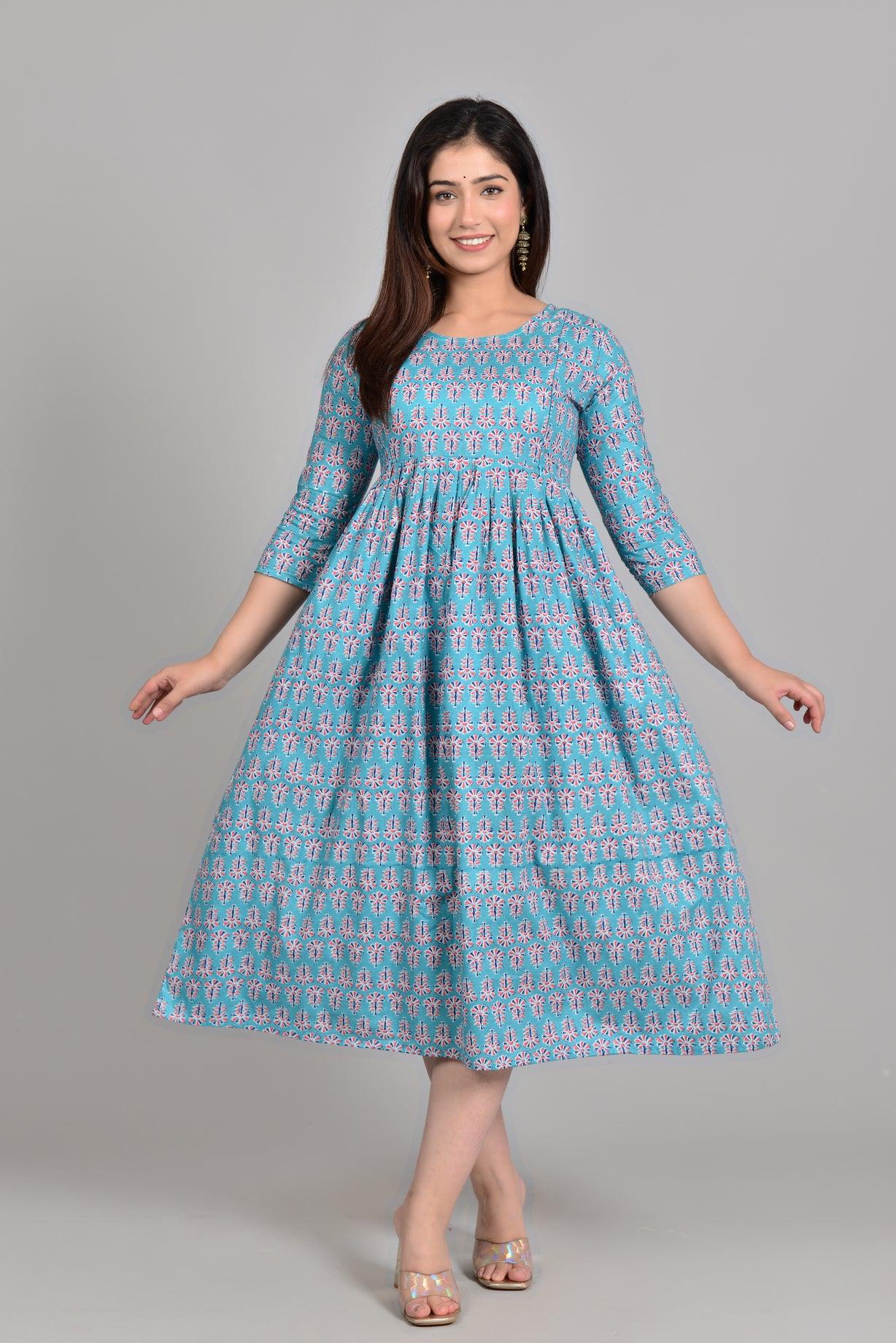 Women Turquoise Blue Floral Printed Pure Cotton Maternity Anarkali Kurti ROOPWATI FASHION